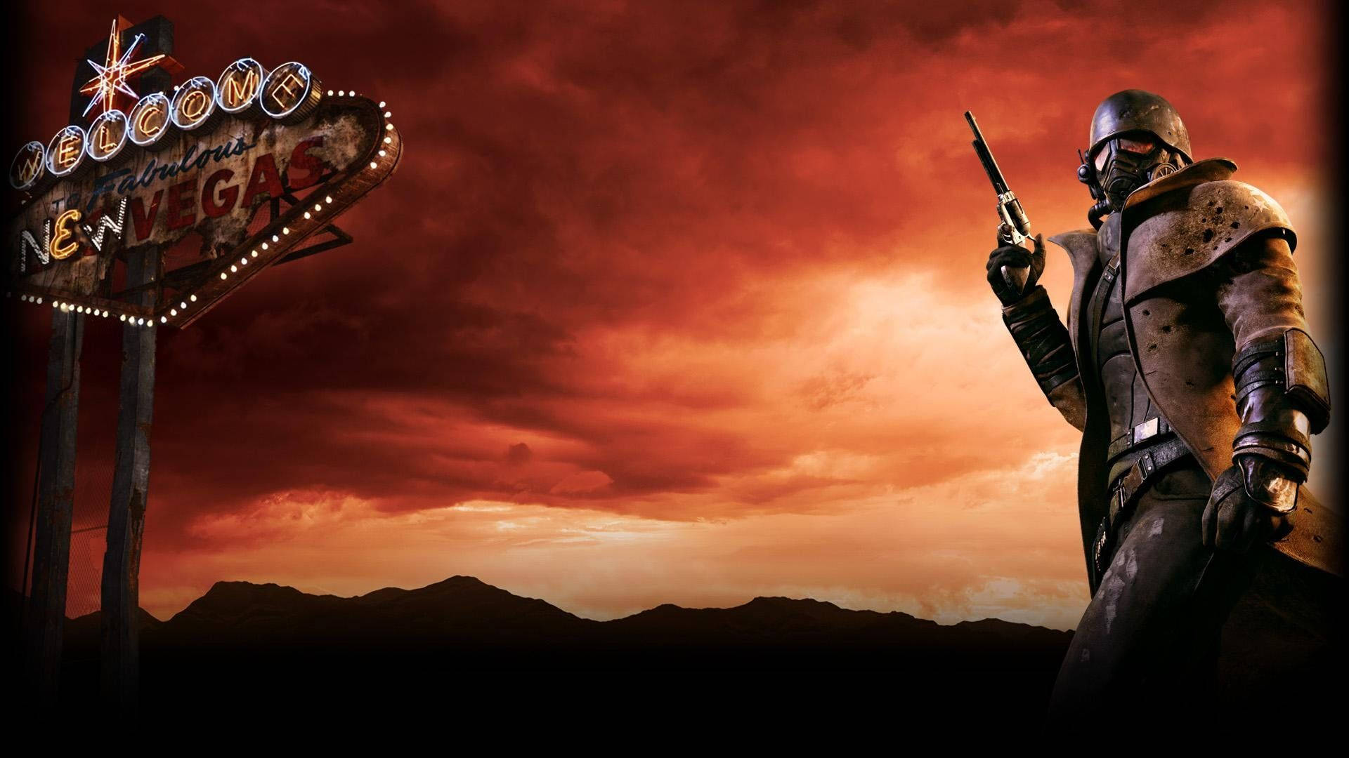 New 桌布 壁紙 — 一個孤獨的裝甲人物站在一個風化的「Welcome to New Vegas」標誌前，天空是火紅橙色的。