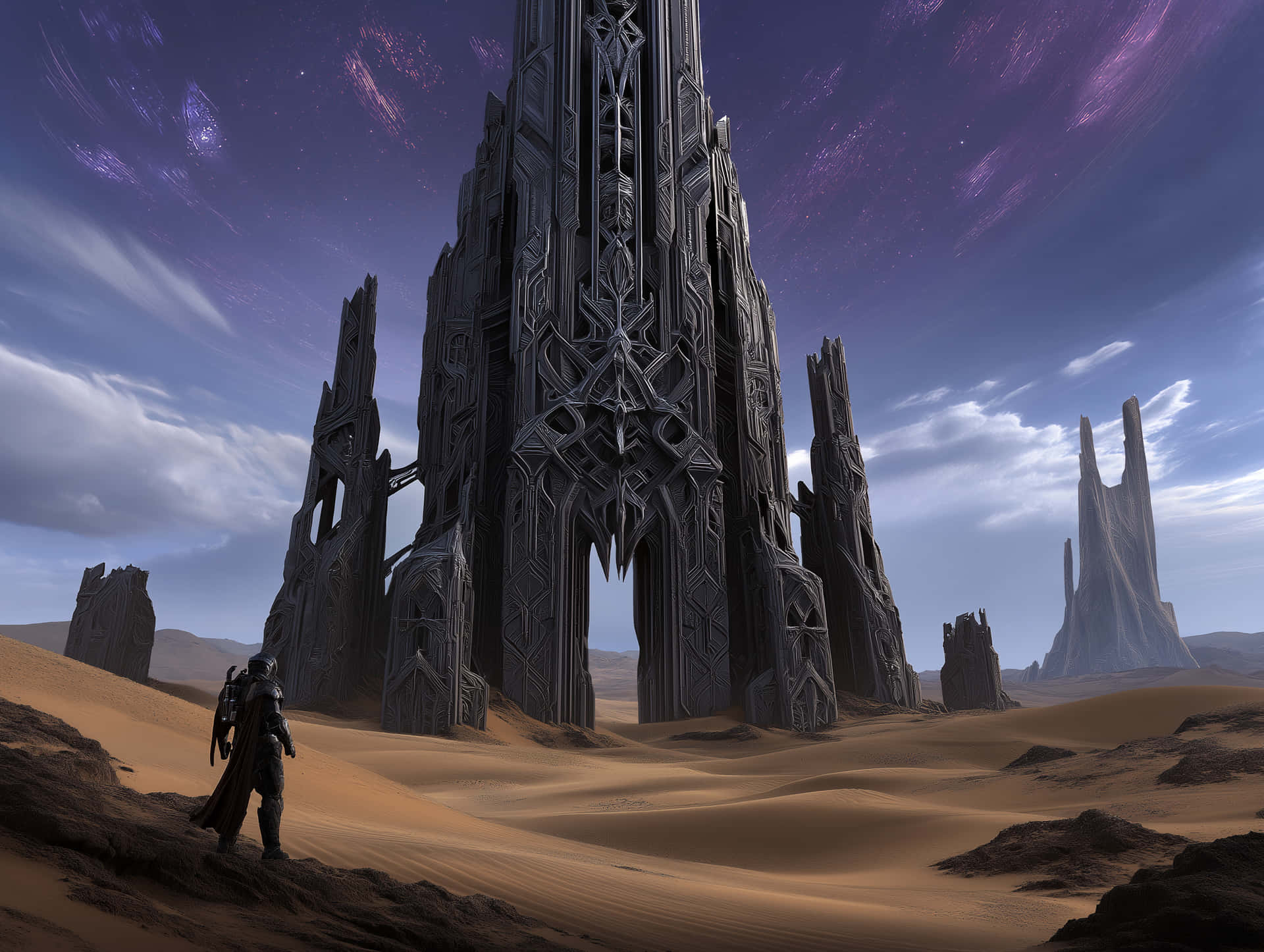 Warrior in Desert Confronts Ancient Alien Gothic Architecture 壁紙 — 一個孤獨的裝甲人物站在一個高聳、雕刻精美的黑色巨石前，身處廣闊的沙漠，頭頂是旋轉的紫色和藍色天空。