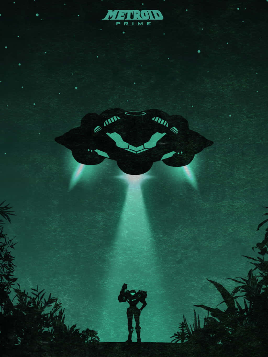 game 桌布 壁紙 — 一個孤獨的裝甲人物站在叢林中，一艘發光的外星飛船在上方盤旋，投射出光束。