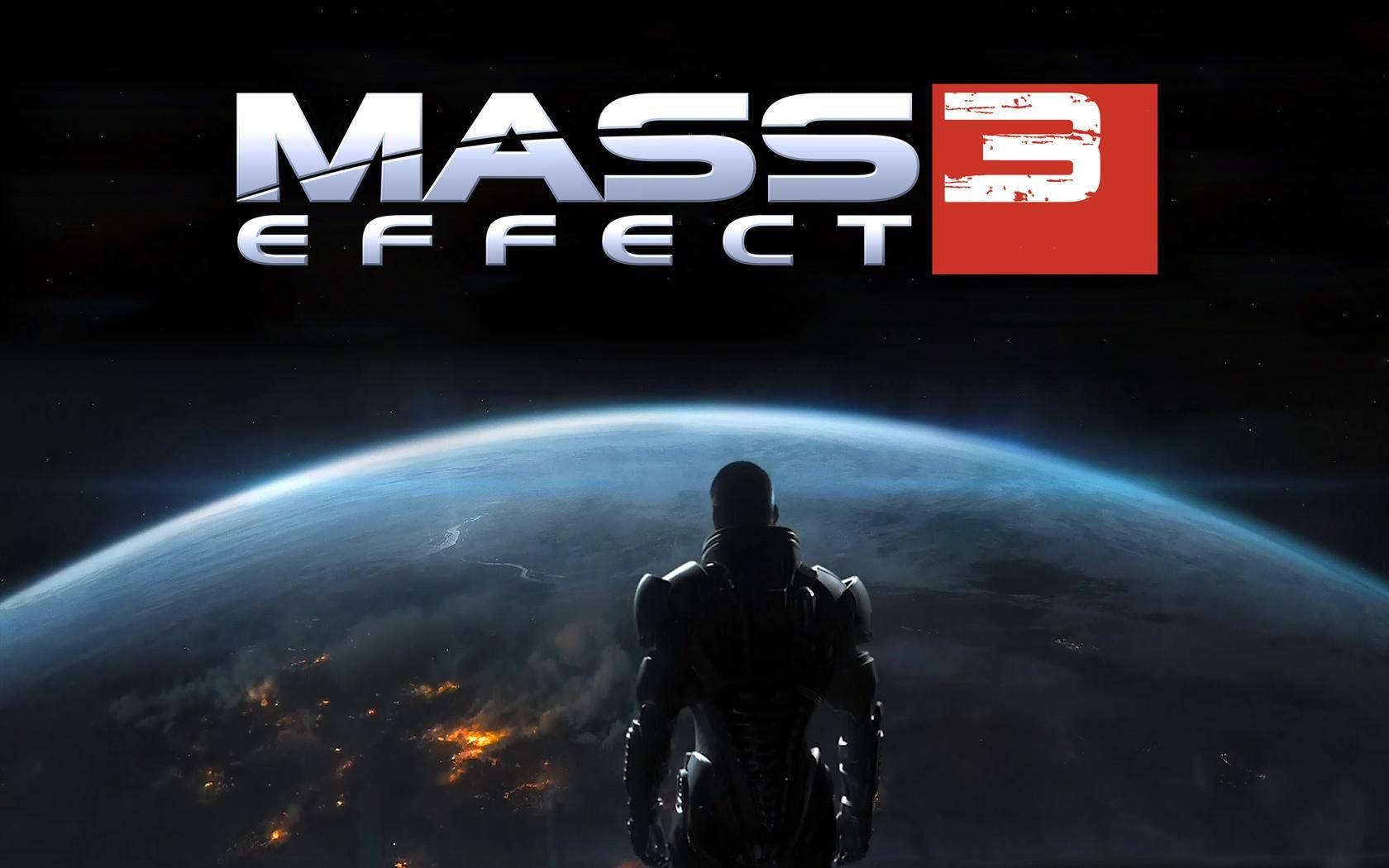 Mass Effect 3 桌布 壁紙 — 一個孤獨的裝甲人物站在太空中，凝視著一個藍色星球，下方有發光的城市燈光，並帶有 'Mass Effect 3' 標誌。