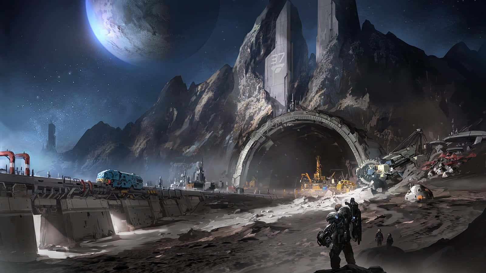 Space Mining 桌布 壁紙 — 一個孤獨的裝甲人物站在巨大的外星遺跡前，在發光的藍色月亮下，處於荒涼的科幻景觀中。