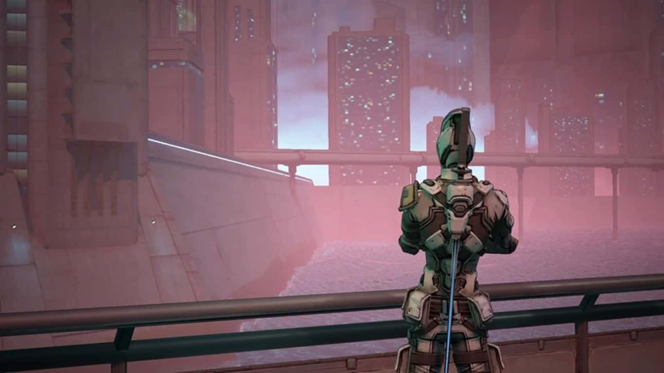 1366x768 Borderlands 3 桌布 壁紙 — 一個孤獨的裝甲人物站在橋上，俯瞰黃昏時分霧氣瀰漫的粉紅色城市天際線，摩天大樓閃爍著光芒。