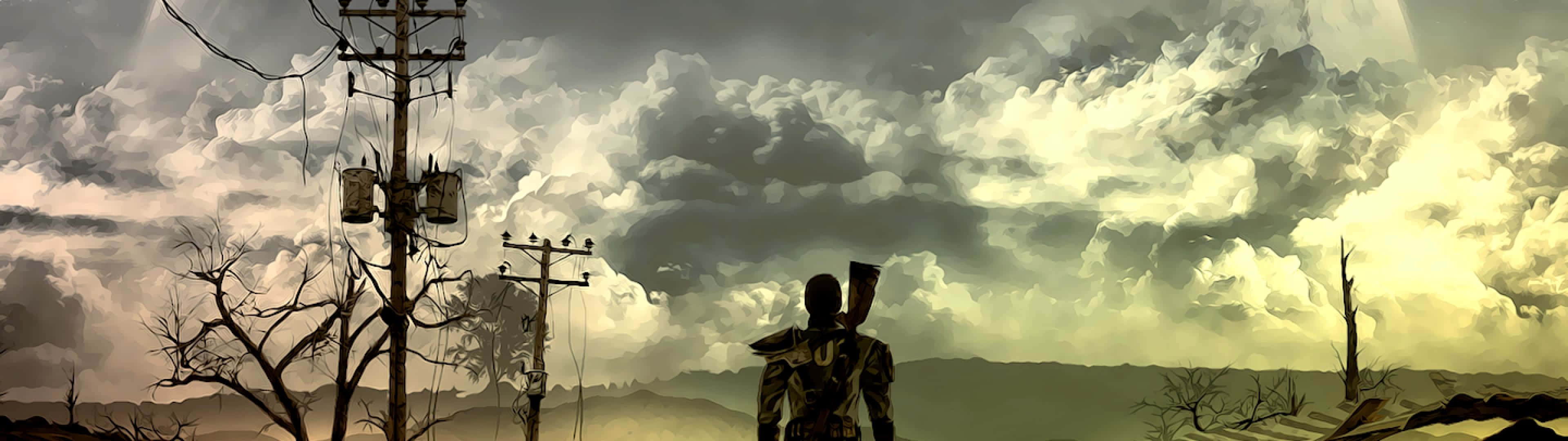 Fallout Nv 桌布 壁紙 — 一個孤獨的裝甲人物站在荒涼的廢土上，天空戲劇性地風暴密佈，有斷裂的電線和光禿的樹木。