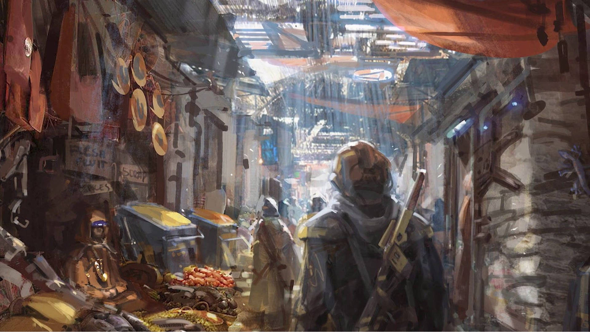 星空 桌布 壁紙 — 一個孤獨的裝甲人物走過一個熙熙攘攘的外星市場，市場上掛滿了商品，溫暖的金色光線透過樹冠灑落下來。