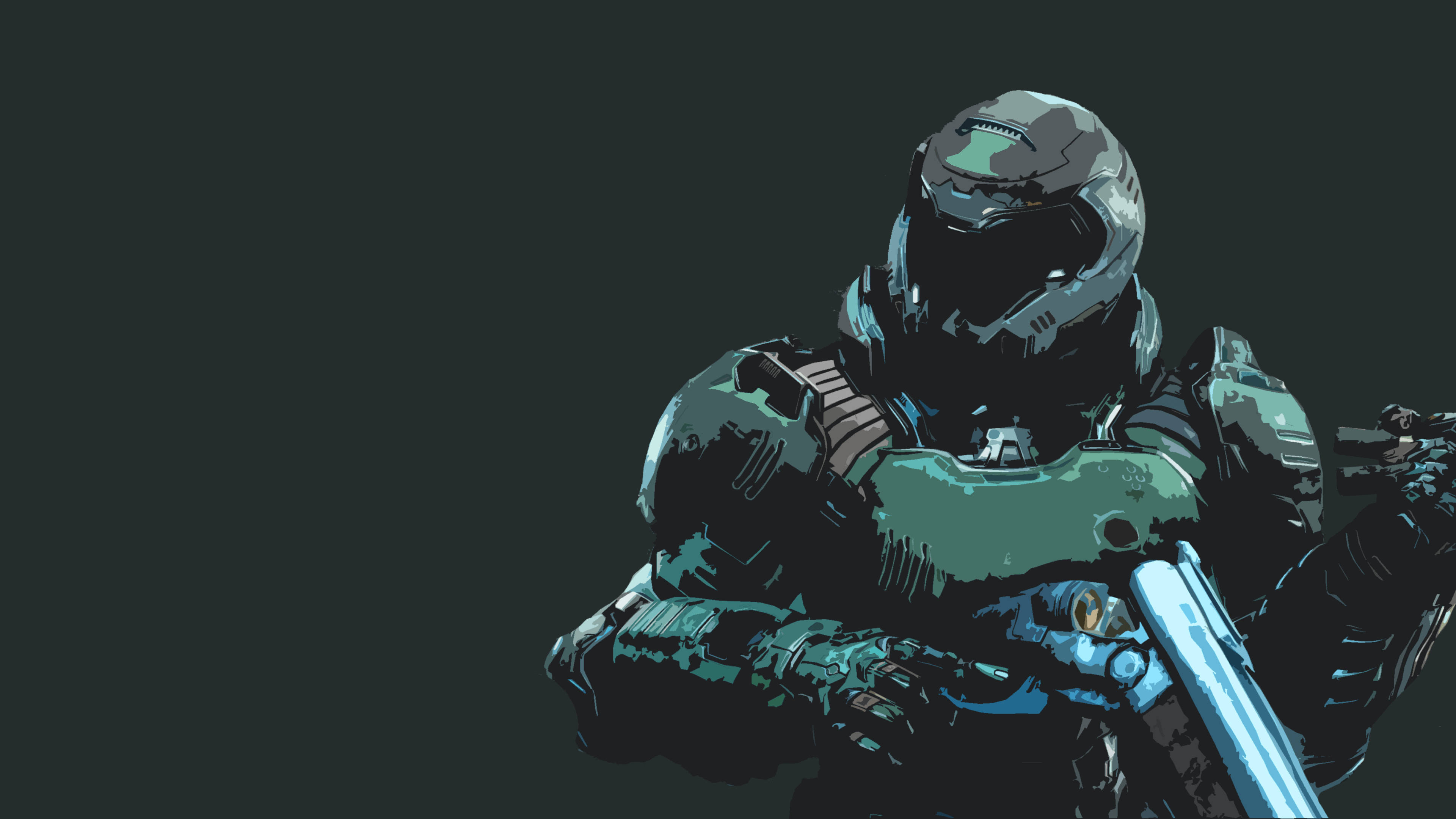 Doom 桌布 壁紙 — 一個孤獨的裝甲士兵，身穿青綠色和黑色裝備，在黑暗背景下手持發光的藍色武器。