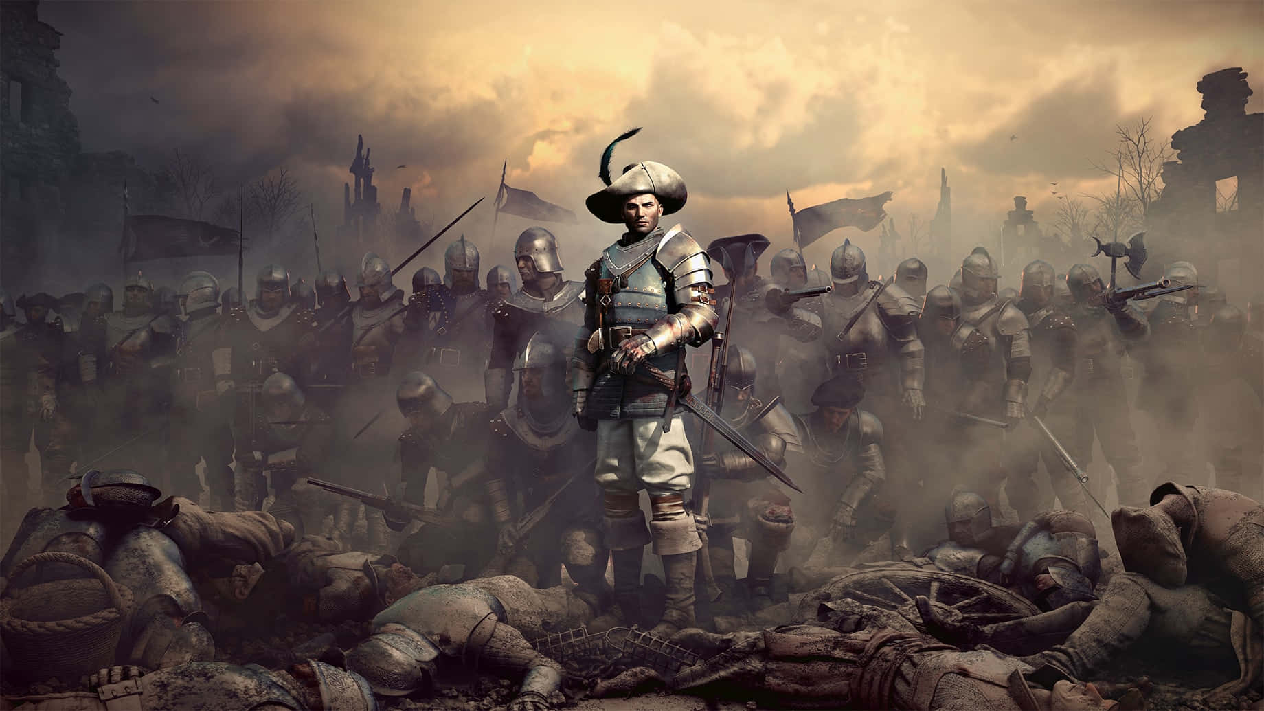 Greedfall 桌布 壁紙 — 一個孤獨的裝甲士兵在倒下的戰友中堅定地站立，而一支飽經戰火的軍隊在煙霧瀰漫的黃昏天空下前進。