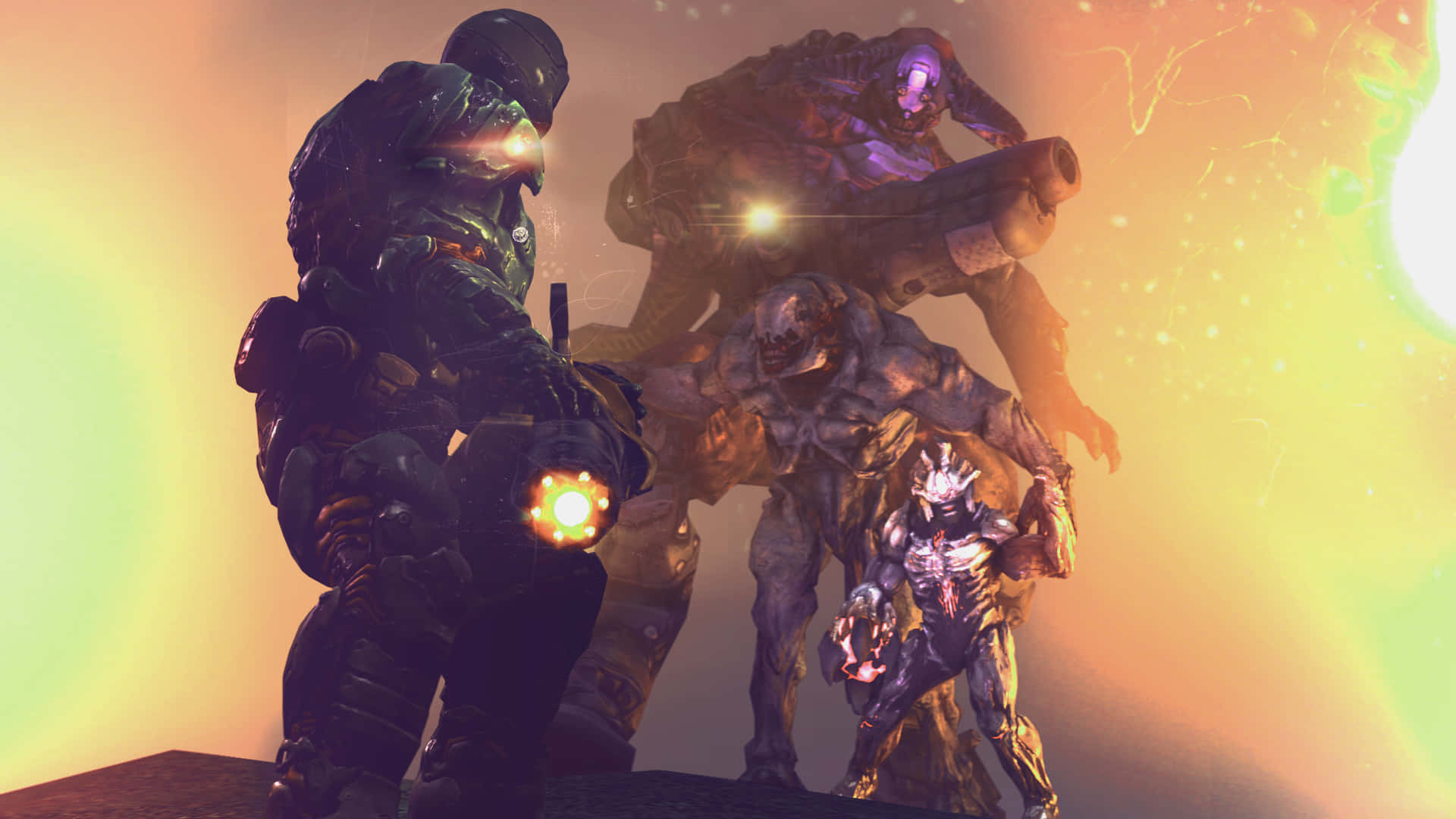 Doom Slayer 桌布 壁紙 — 一個孤獨的裝甲士兵在熾熱的日落戰場上，對抗一群發光的外星怪物。
