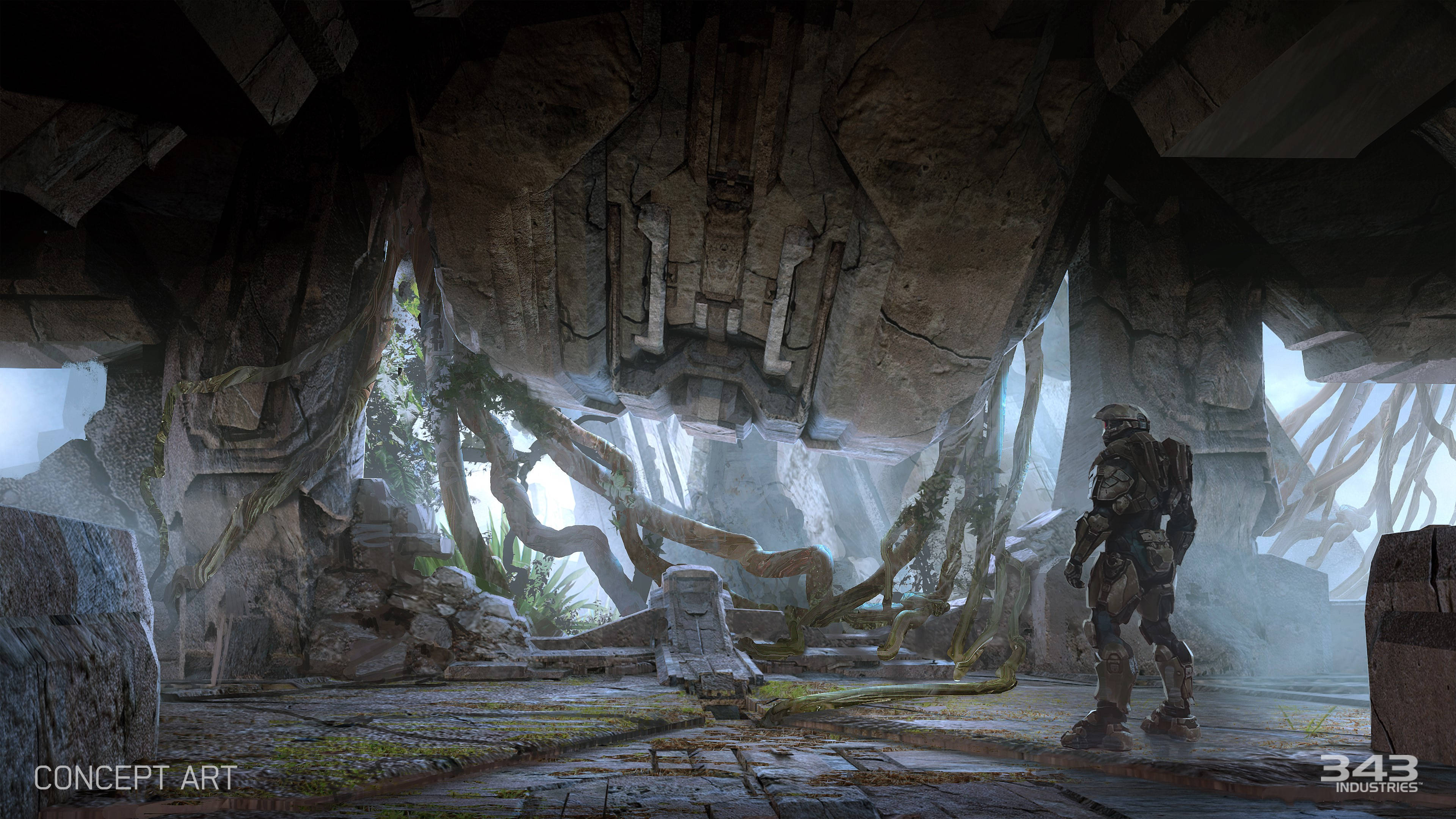 4K halo 桌布 壁紙 — 一個孤獨的裝甲士兵站在一個長滿藤蔓和苔蘚、正在崩塌的外星遺跡中，光線從上方照射下來。