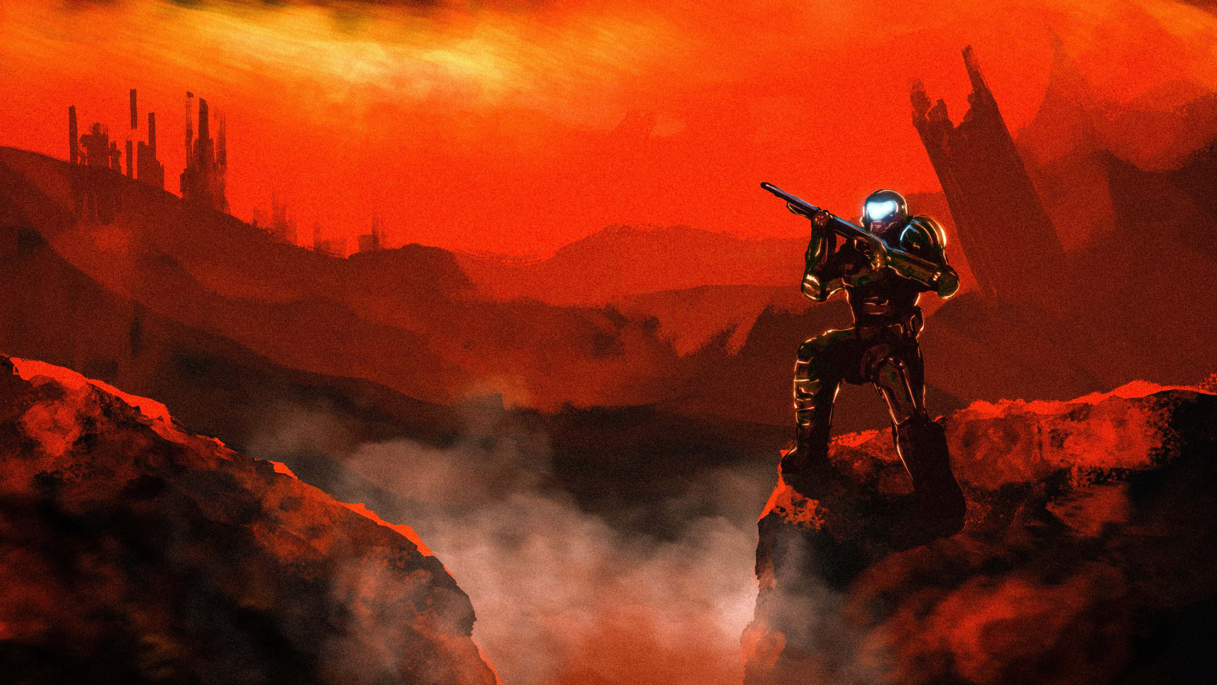 Doom Eternal 4K 桌布 壁紙 — 一個孤獨的裝甲士兵站在岩石露頭上，俯瞰著橙色天空下帶有遠方尖塔的熾熱外星景觀。