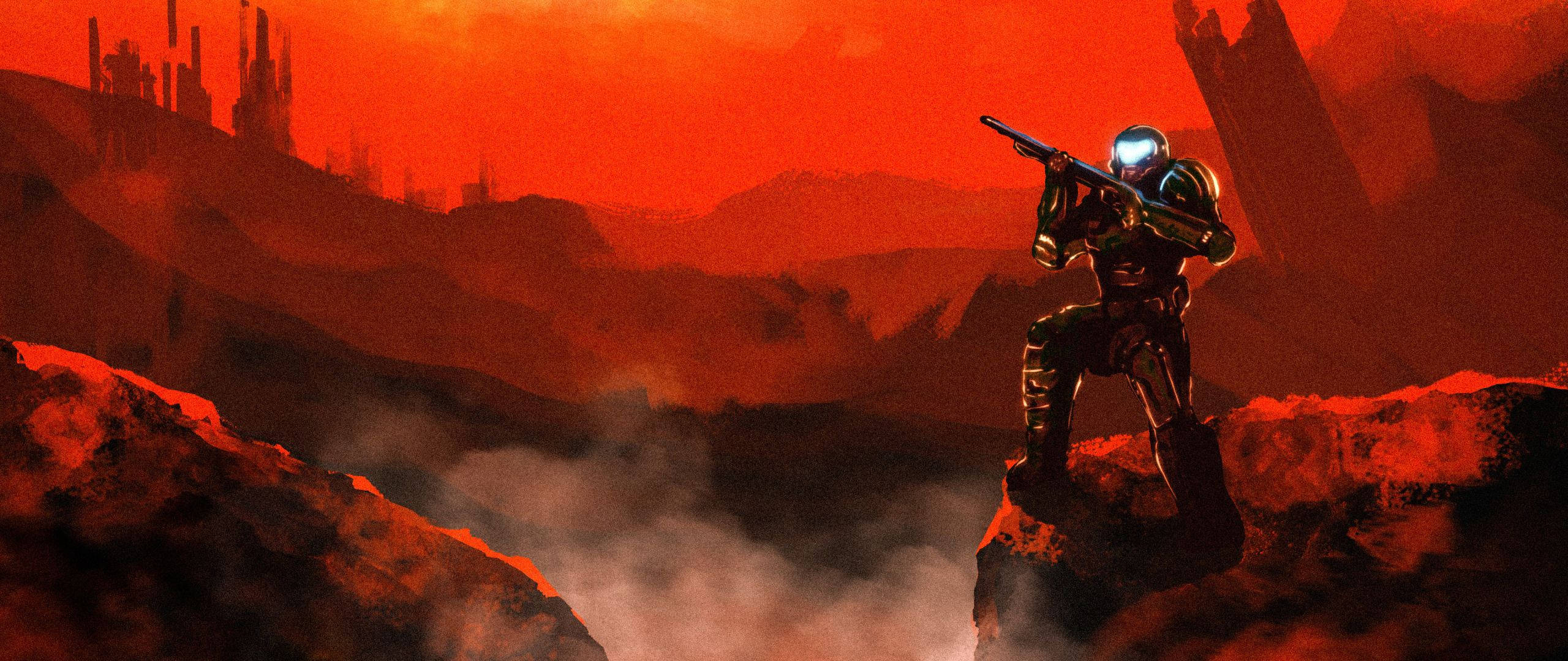 doom HD 桌布 壁紙 — 一個孤獨的裝甲士兵站在岩石露頭上，身處熾熱的紅色外星景觀中，天空泛著橙色光芒。