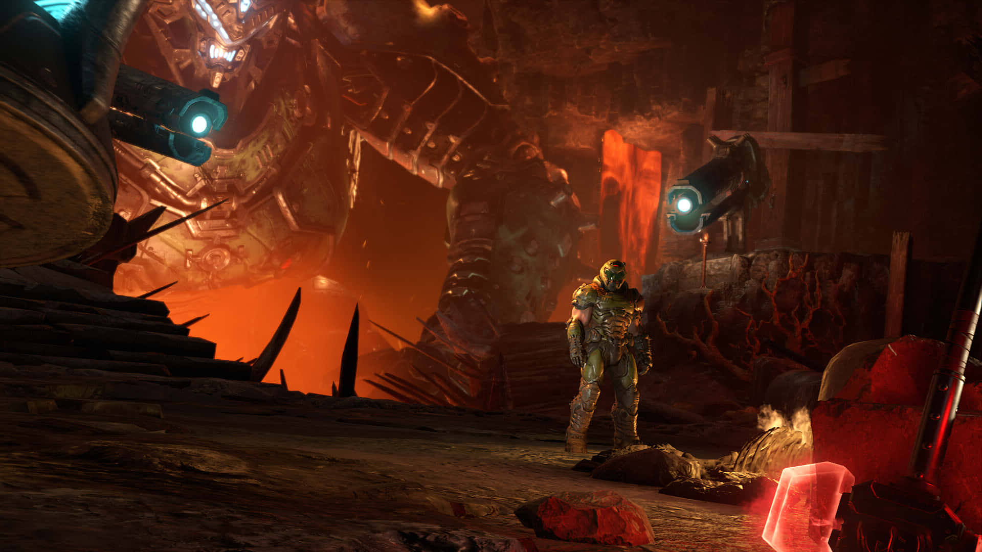 Doom Slayer 桌布 壁紙 — 一個孤獨的裝甲士兵站在燃燒的廢墟中，面對一個在黑暗工業洞穴中巨大發光的機械野獸。