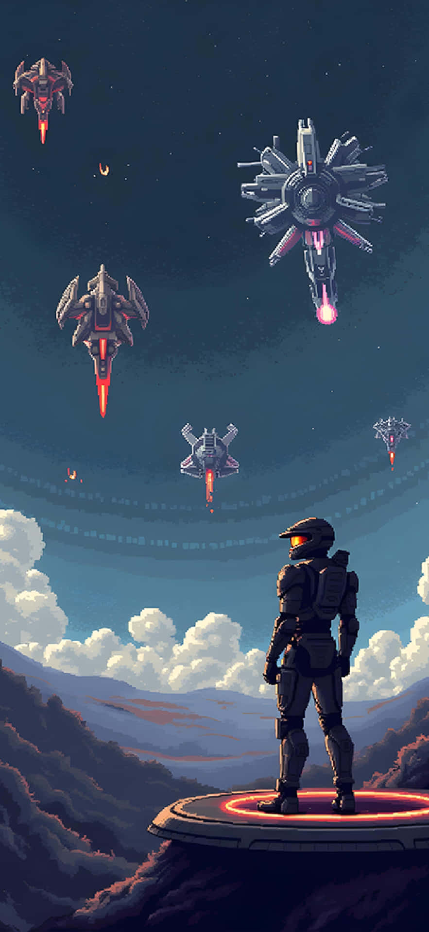 Pixel Art Sci-Fi Halo Warrior Staring at Incoming Spaceships - HD Wallpaper 壁紙 — 一個孤獨的裝甲士兵站在發光的平台上俯瞰雲層，而未來主義的戰艦在星空下飛過頭頂。