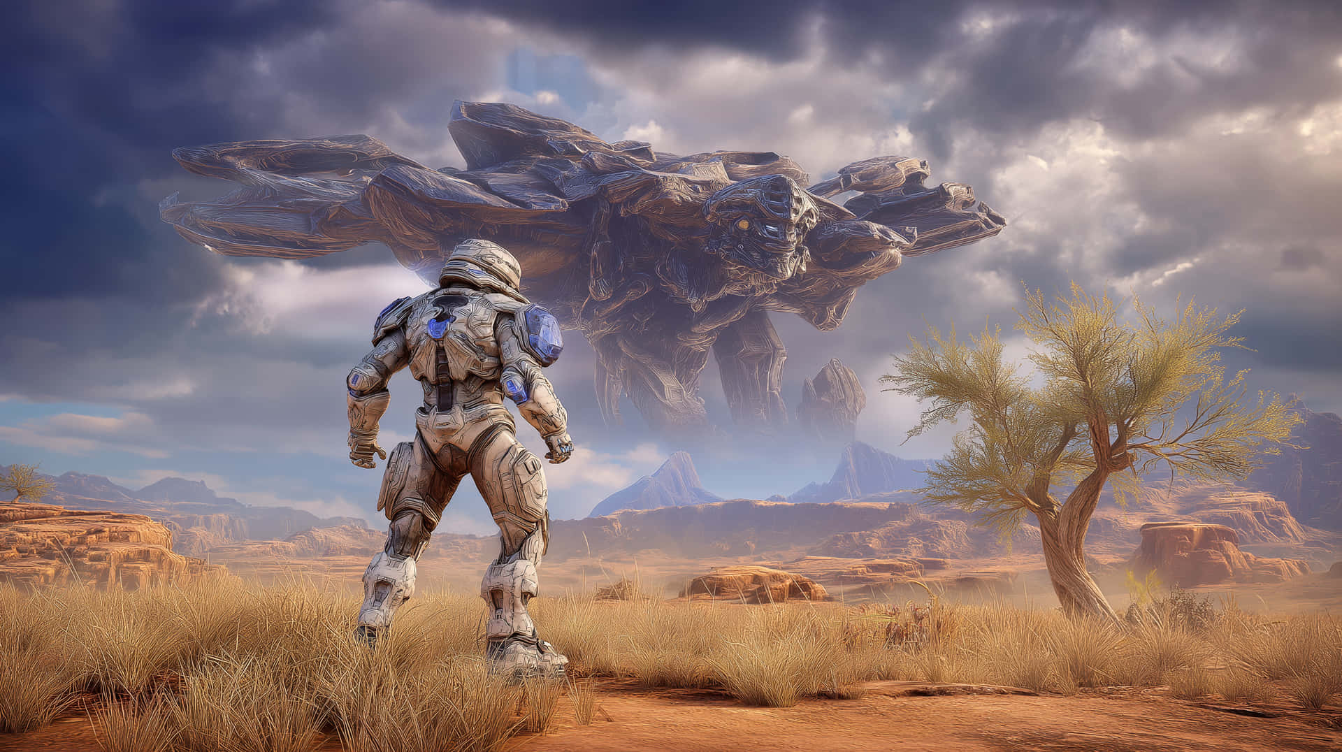 Armored Figure Observes Massive Floating Entity on Alien Planet 壁紙 — 一個孤獨的裝甲士兵站在荒蕪的沙漠中，面對著暴風雨天空下一個巨大的懸浮外星飛船。