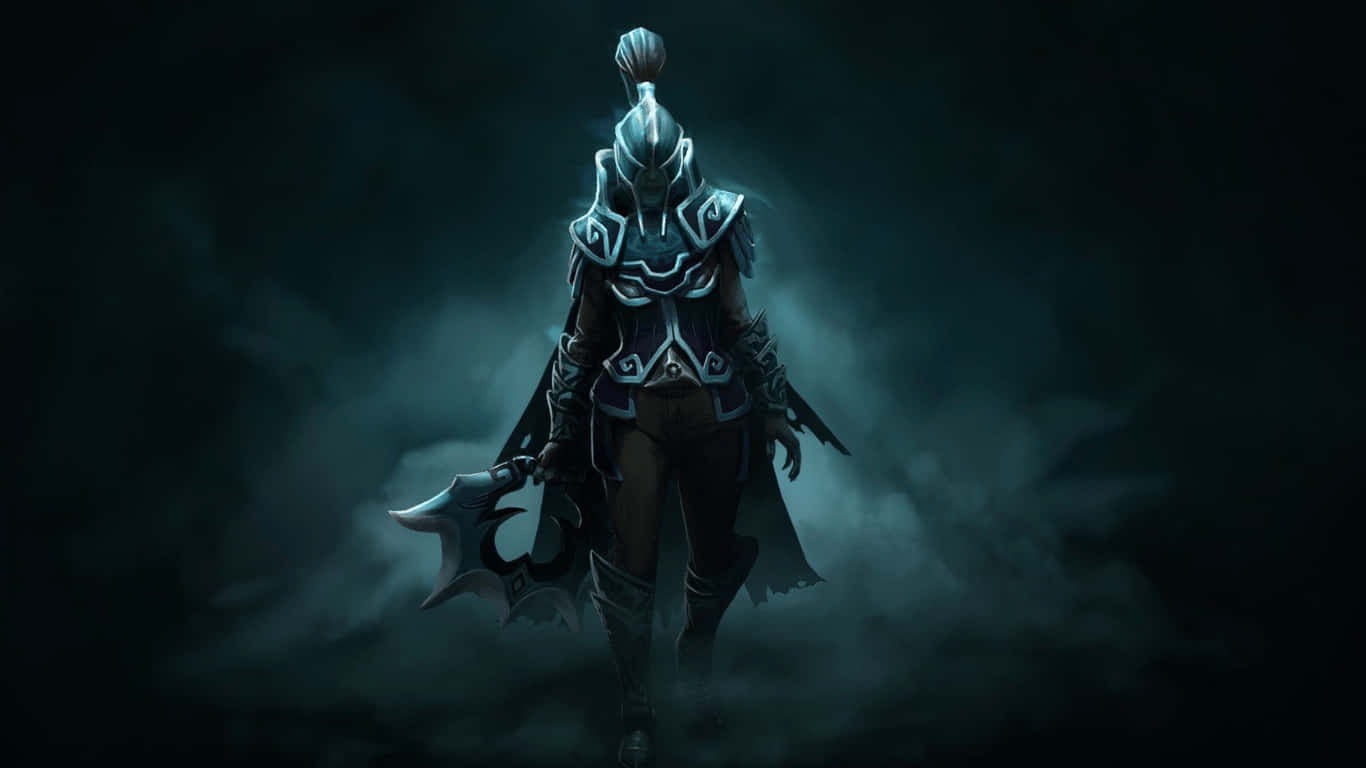 1366x768 Dota 2 桌布 壁紙 — 一個孤獨的裝甲戰士，帶有發光的藍色點綴，站在迷霧黑暗中，手持一把巨大的斧頭。