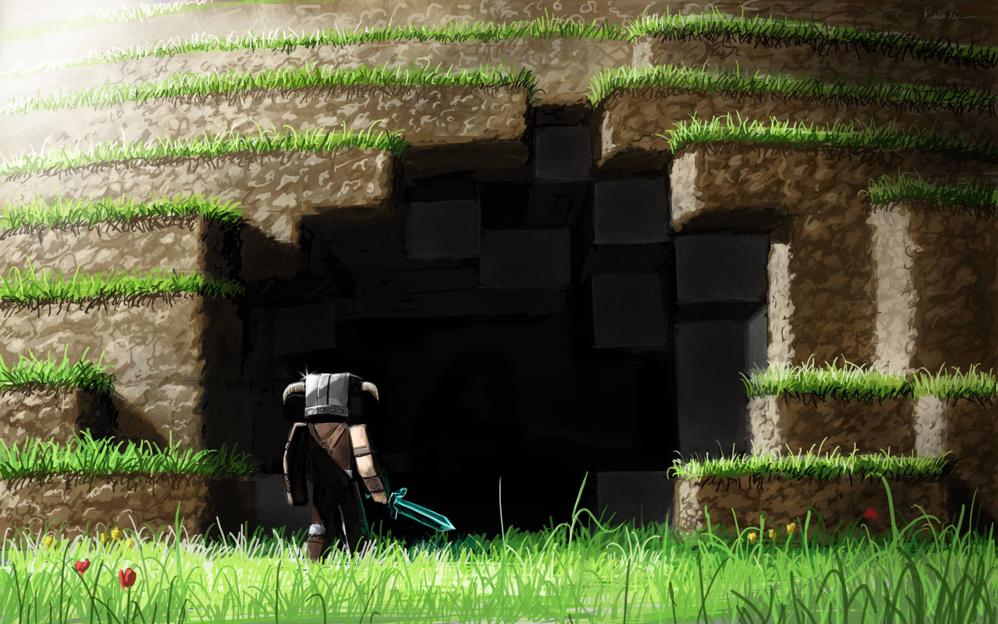 4K Minecraft 壁紙 桌布 壁紙 — 一個孤獨的裝甲戰士，手持發光劍，站在一個方塊狀草地景觀中的黑暗洞穴入口前。