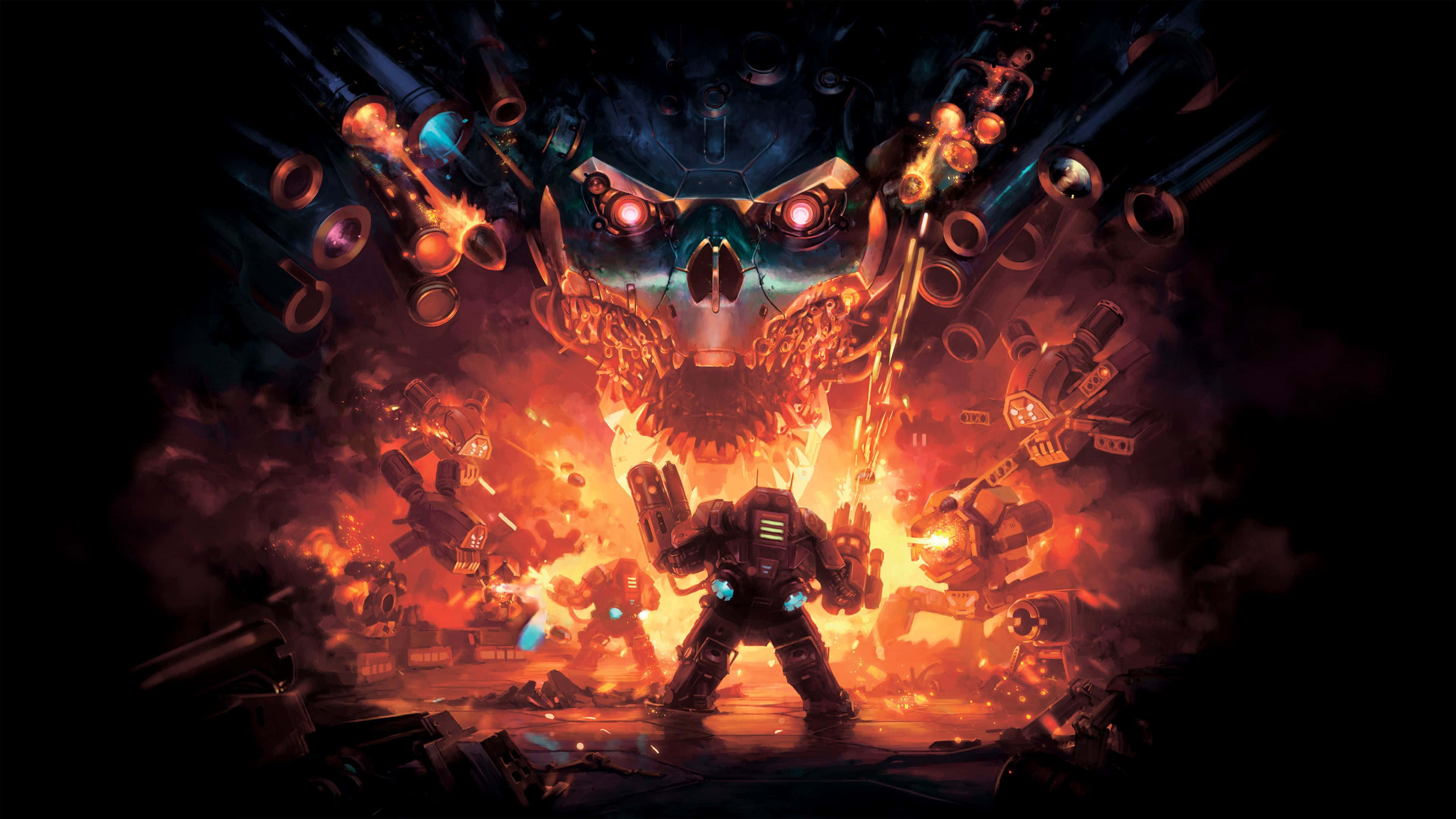Online Games 桌布 壁紙 — 一個孤獨的裝甲戰士，挑釁地站在一個爆發著火焰爆炸的巨大機械野獸面前。