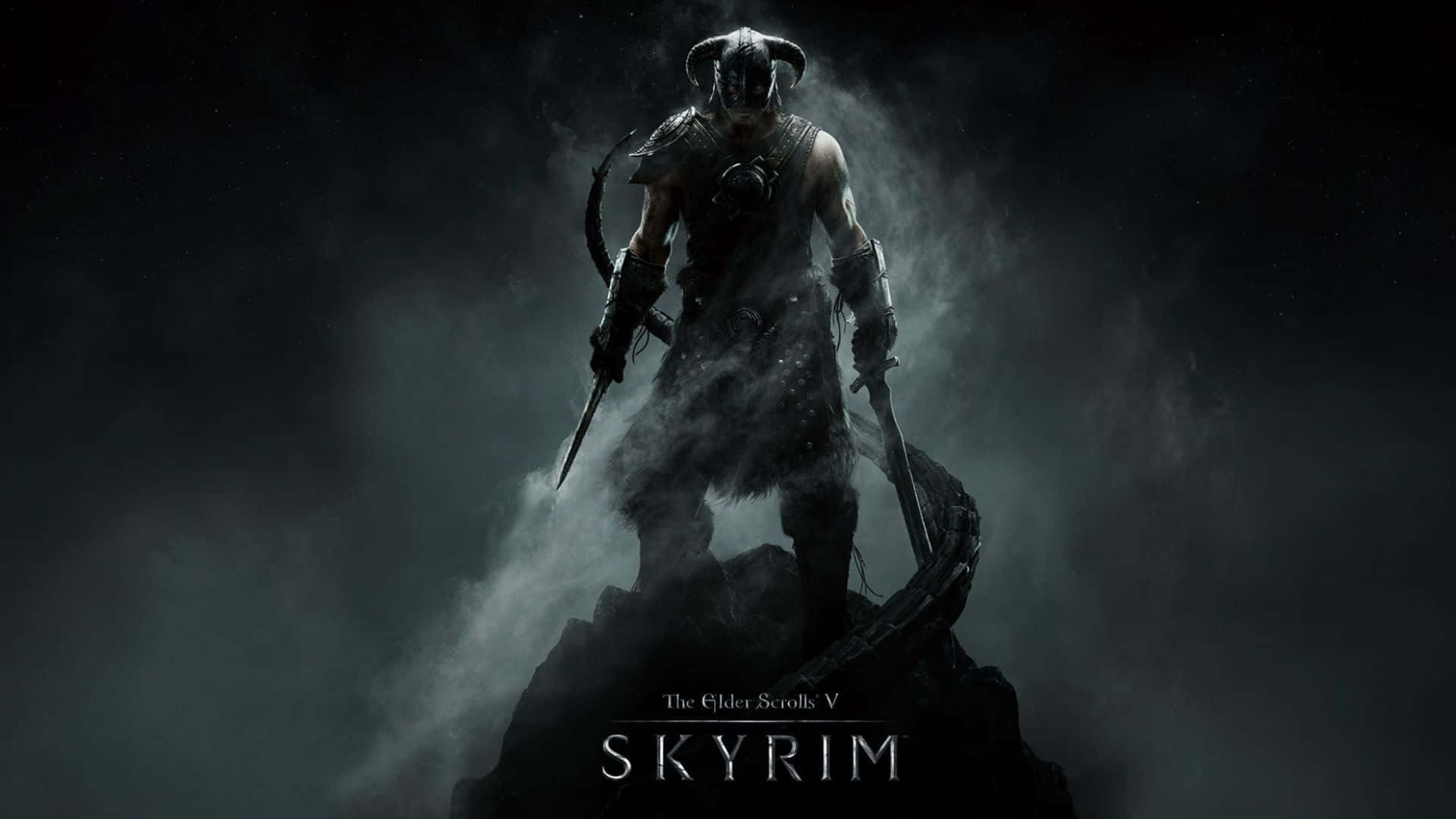 Skyrim Special Edition 桌布 壁紙 — 一個孤獨的裝甲戰士，頭上有角，手持雙刃，站在霧氣繚繞的懸崖上，背景是黑暗的暴風雨天空。