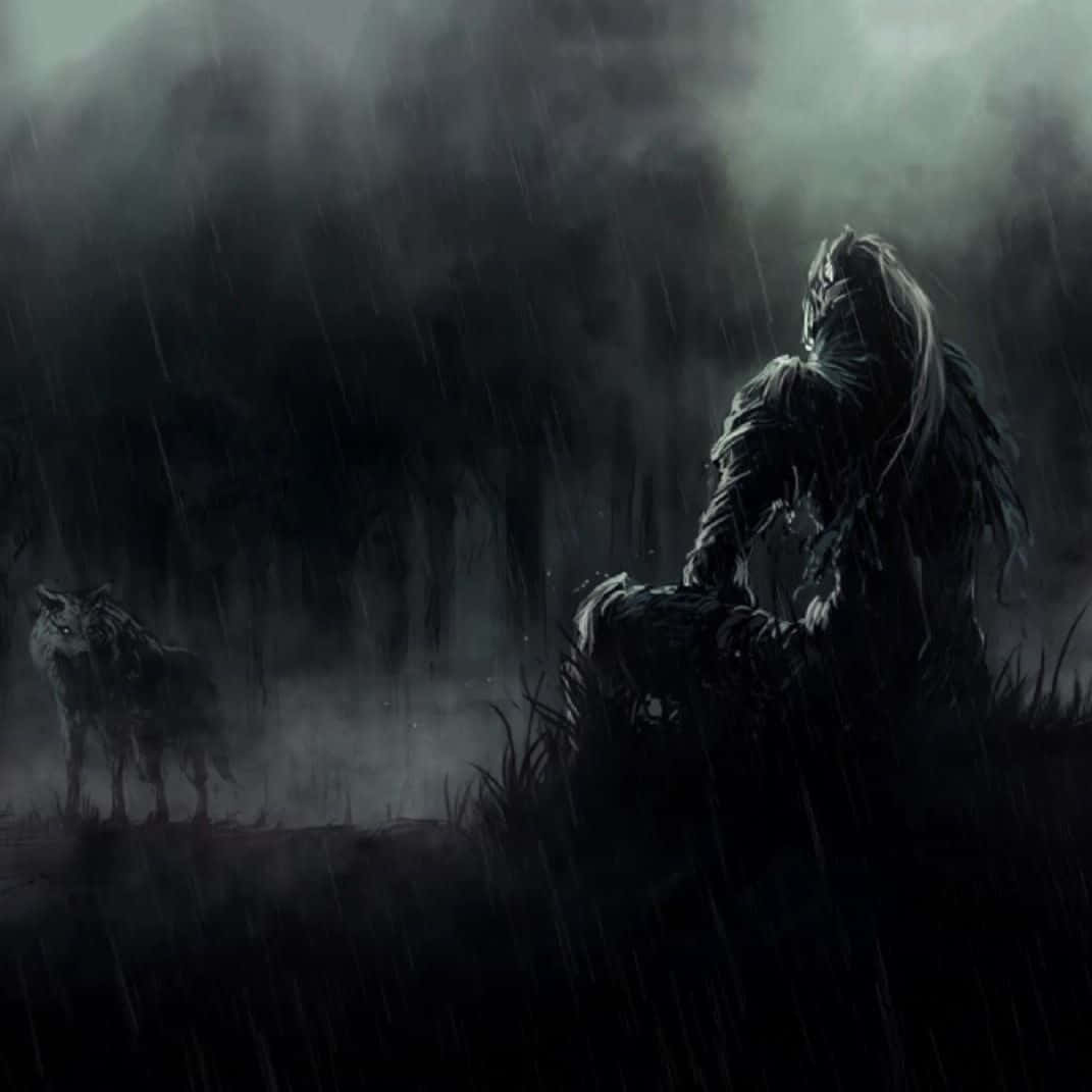 Artorias The Abysswalker 桌布 壁紙 — 一個孤獨的裝甲戰士和狼站在暴風雨的田野中，大雨傾盆而下，營造出陰暗憂鬱的場景。