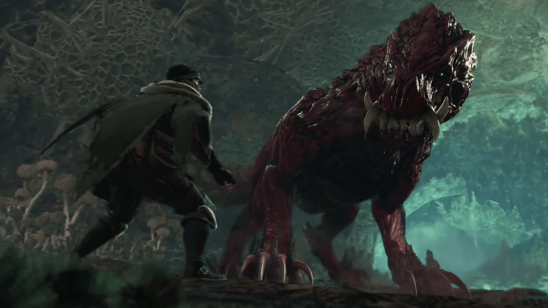 Monster Hunter Desktop 桌布 壁紙 — 一個孤獨的裝甲戰士在一個霧氣瀰漫、充滿發光真菌的外星叢林中面對一隻巨大的紅色鱗片野獸。