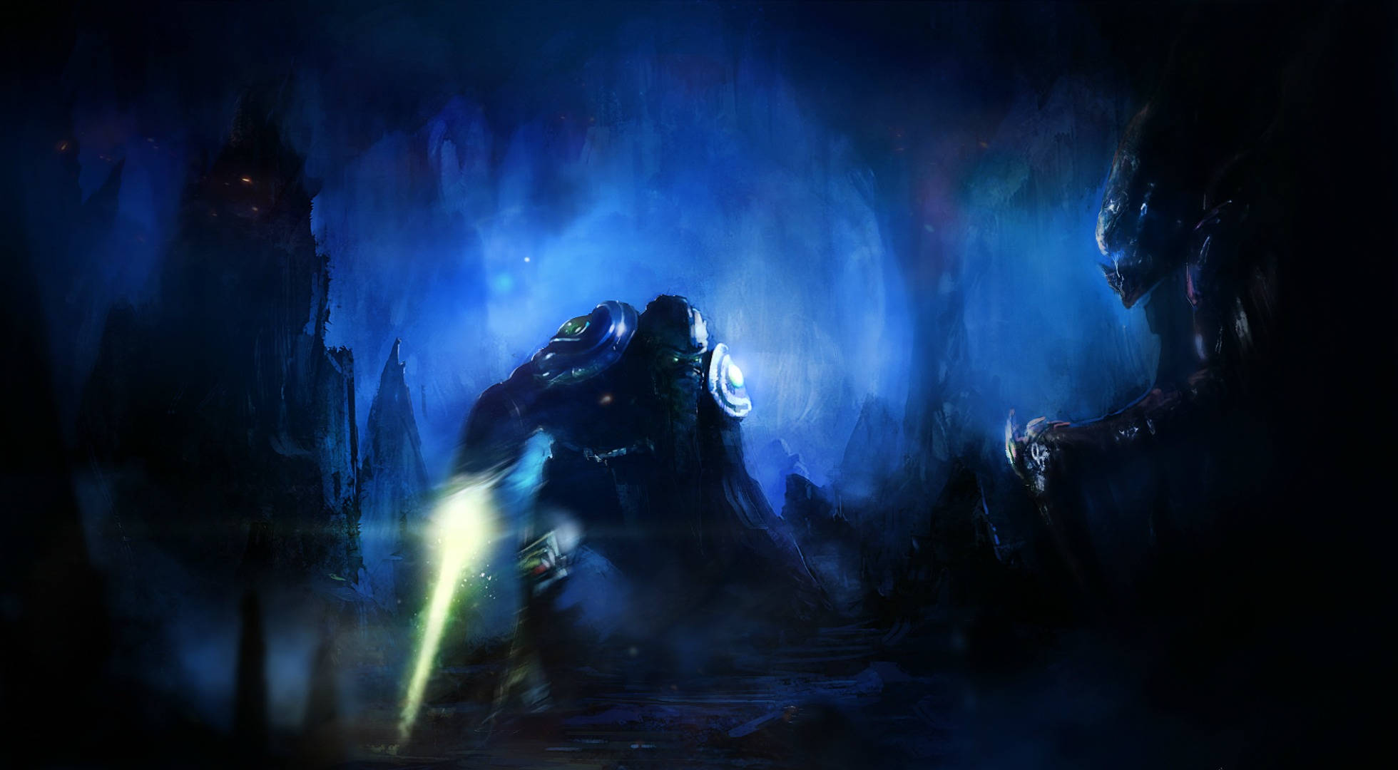Starcraft 2 桌布 壁紙 — 一個孤獨的裝甲戰士在一個黑暗藍色的洞穴般的地下城中揮舞著一把發光的劍，周圍環繞著詭異的環境光。