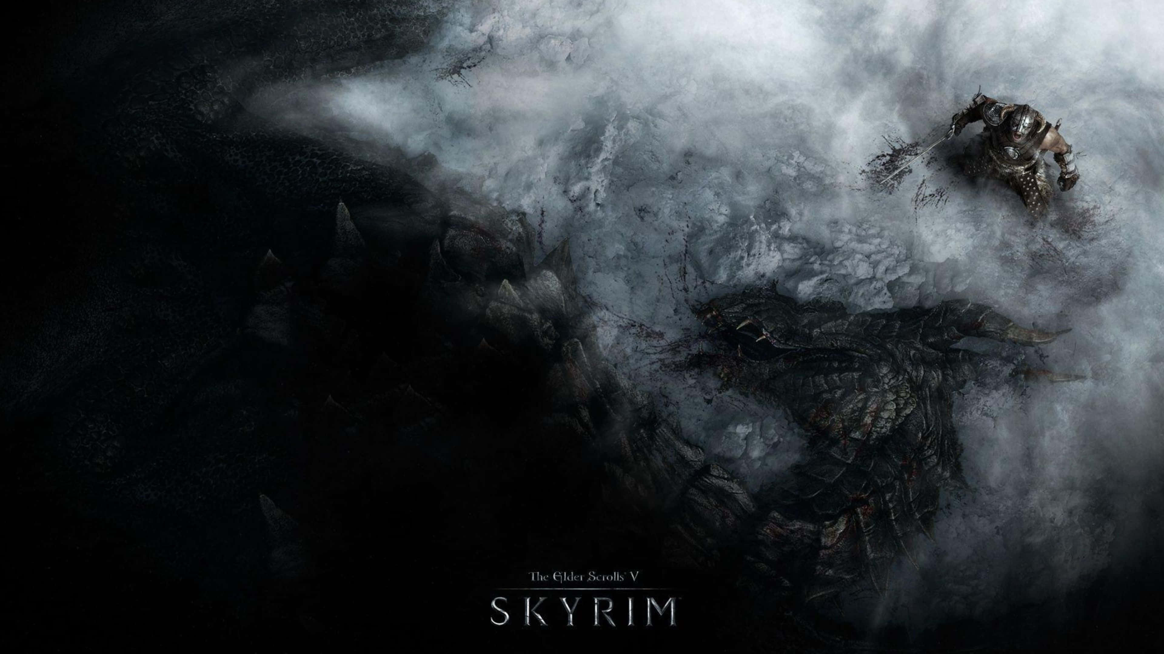 The Elder Scrolls V Skyrim 桌布 壁紙 — 一個孤獨的裝甲戰士在旋轉的烏雲中與一條巨大的龍戰鬥，背景是陰暗的奇幻景觀。