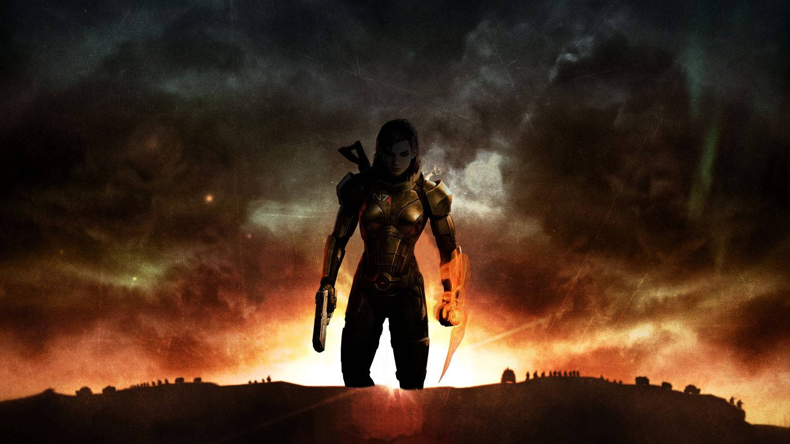 Mass Effect 3 桌布 壁紙 — 一個孤獨的裝甲戰士在熾熱的日落天空、發光的極光和遠處的人物背景下形成剪影。