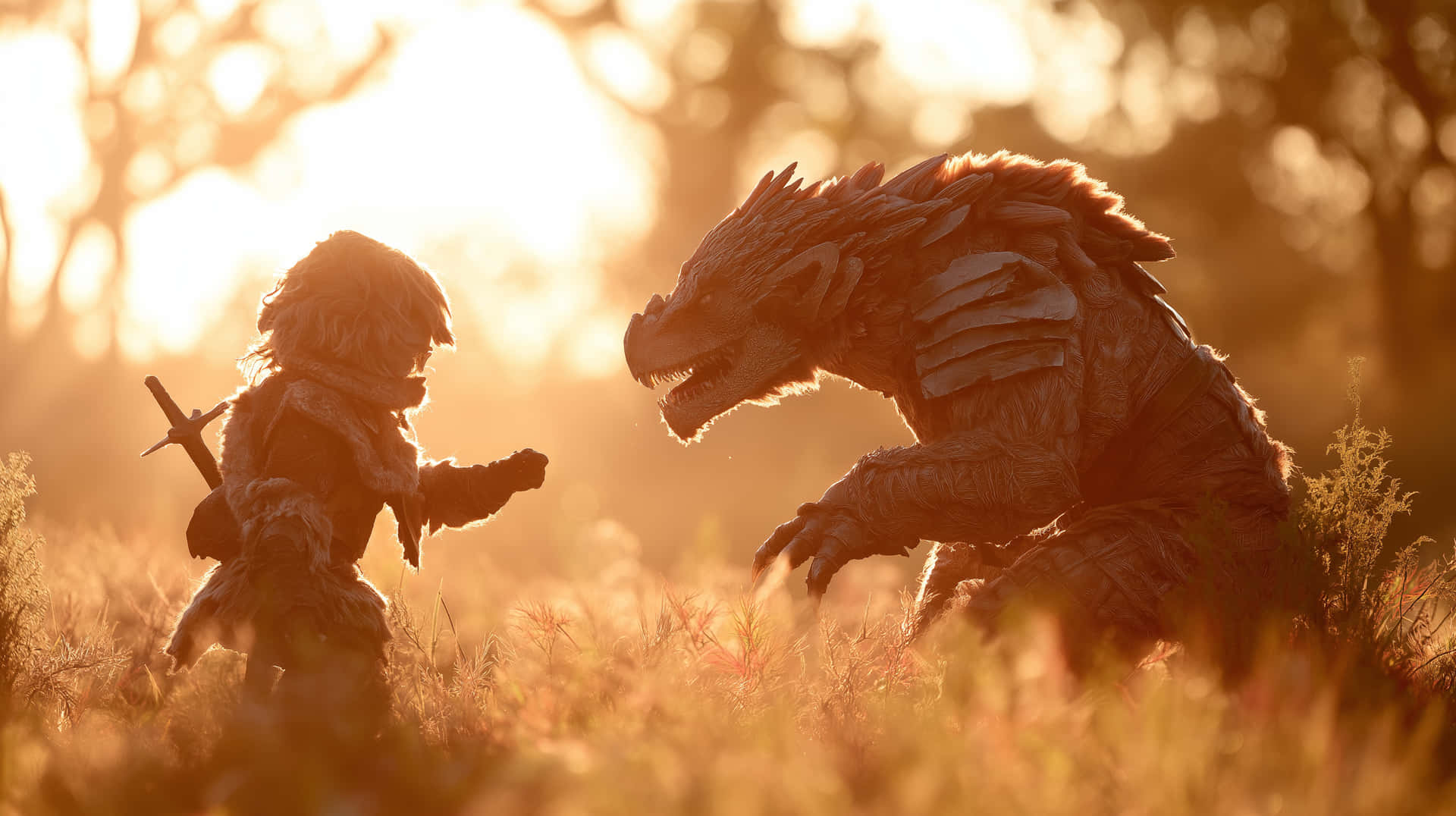 Child and Dragon in Golden Hour Field, Fantasy Companion 壁紙 — 一個孤獨的裝甲戰士在金色夕陽下的高草叢中面對一隻巨大的裝甲龍。