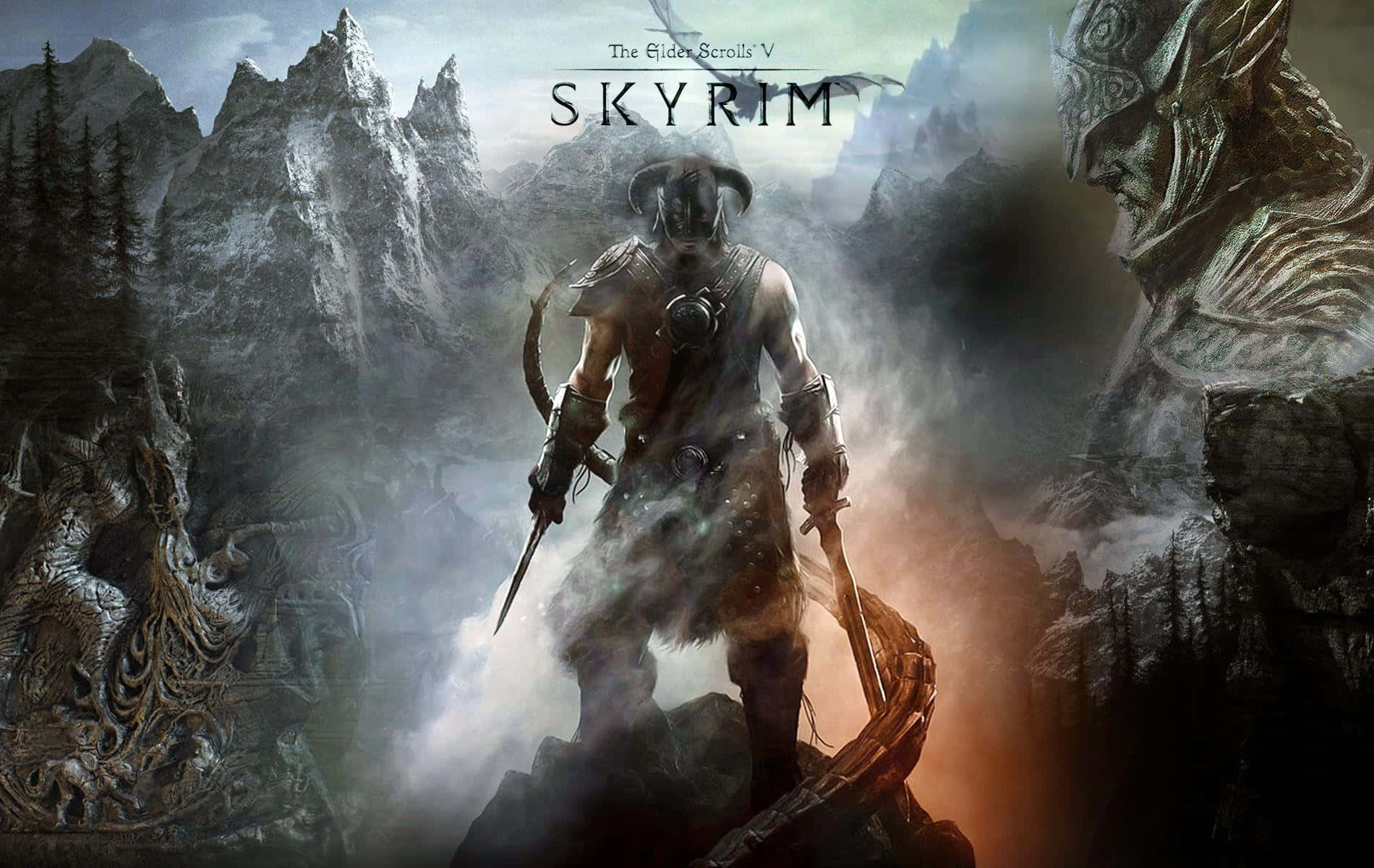 The Elder Scrolls V Skyrim 桌布 壁紙 — 一個孤獨的裝甲戰士在霧氣瀰漫的山頂上挑釁地站立，兩旁是巨大的龍雕像，天空風暴肆虐。