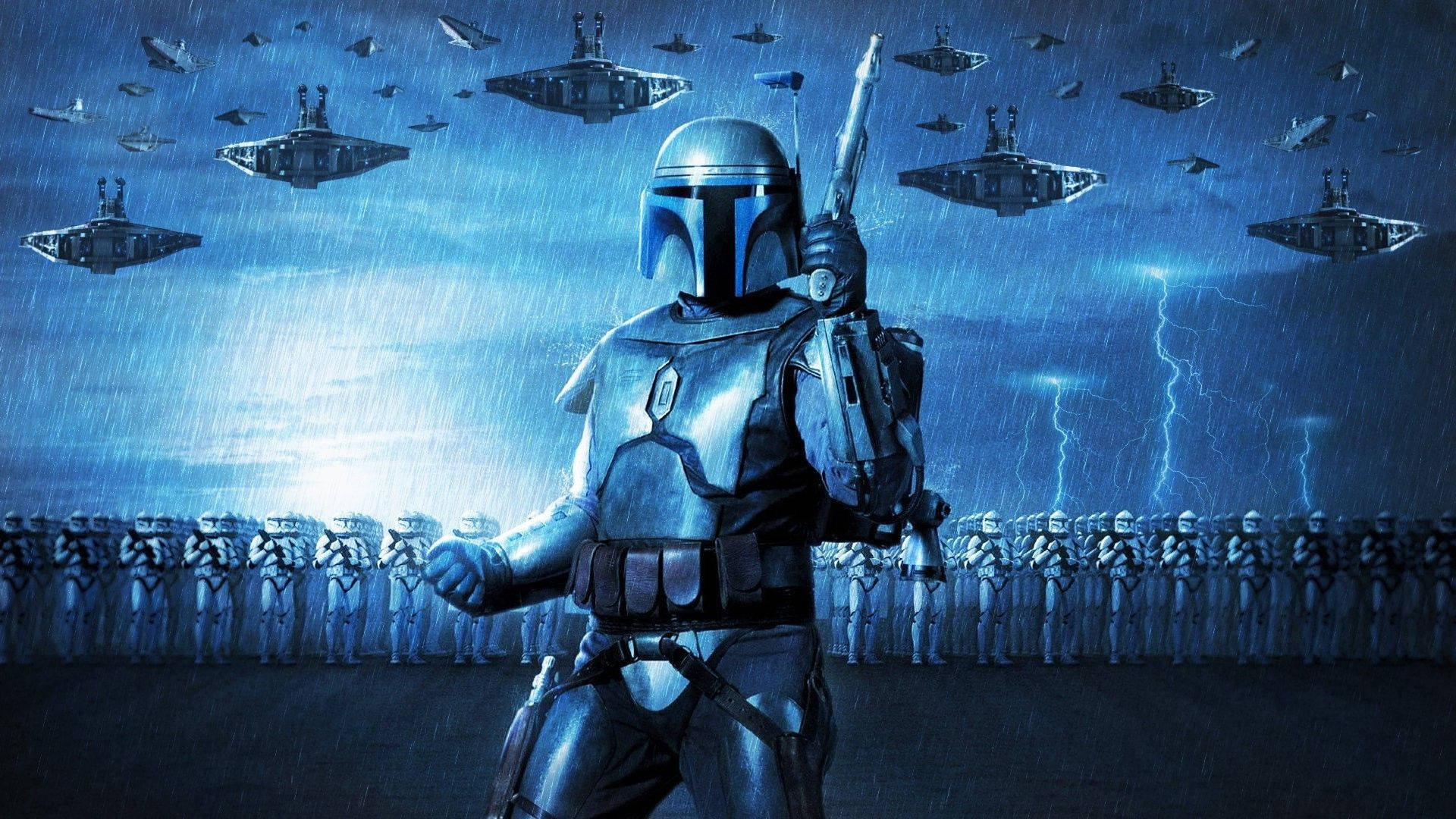 Boba 桌布 壁紙 — 一個孤獨的裝甲戰士在風暴中挑釁地站立，星際飛船在頭頂飛過，風暴兵在下方列隊。