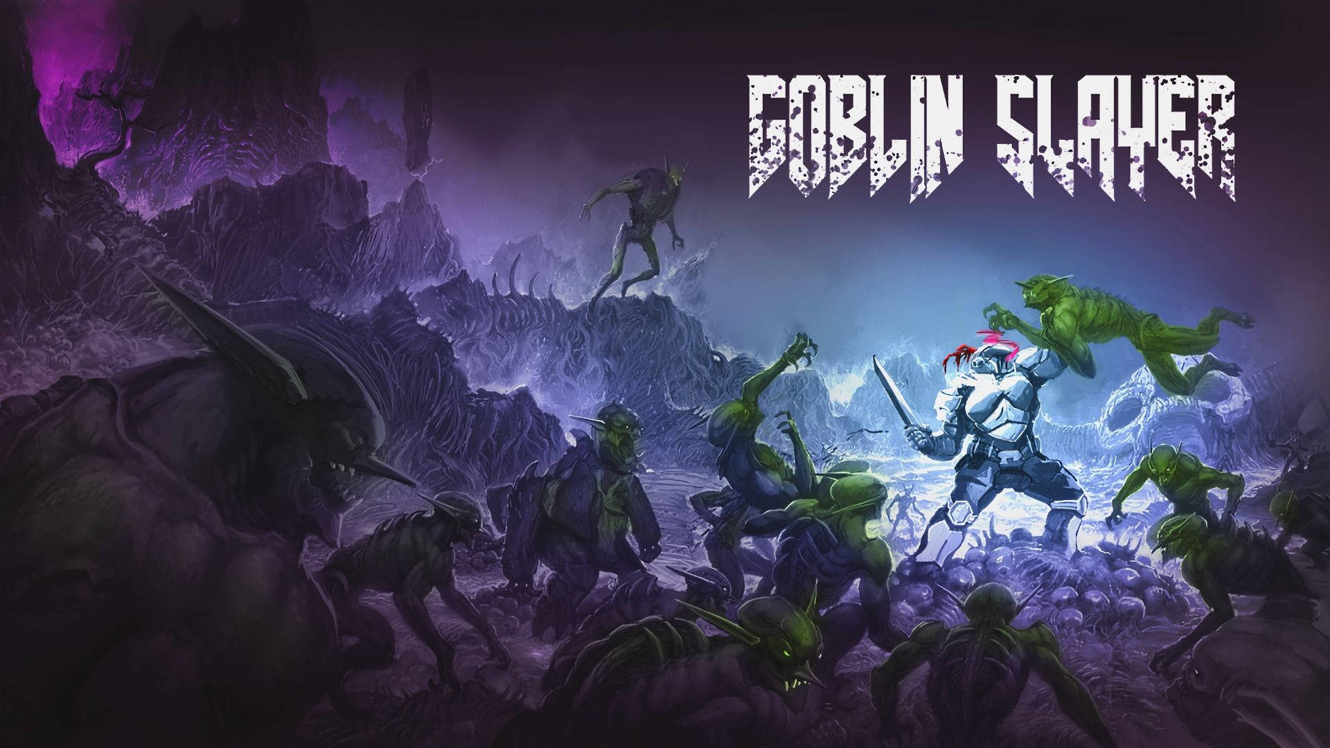 Goblin Slayer 桌布 壁紙 — 一個孤獨的裝甲戰士在黑暗的天空下，在鋸齒狀的紫色山區景觀中與一群綠色哥布林戰鬥。