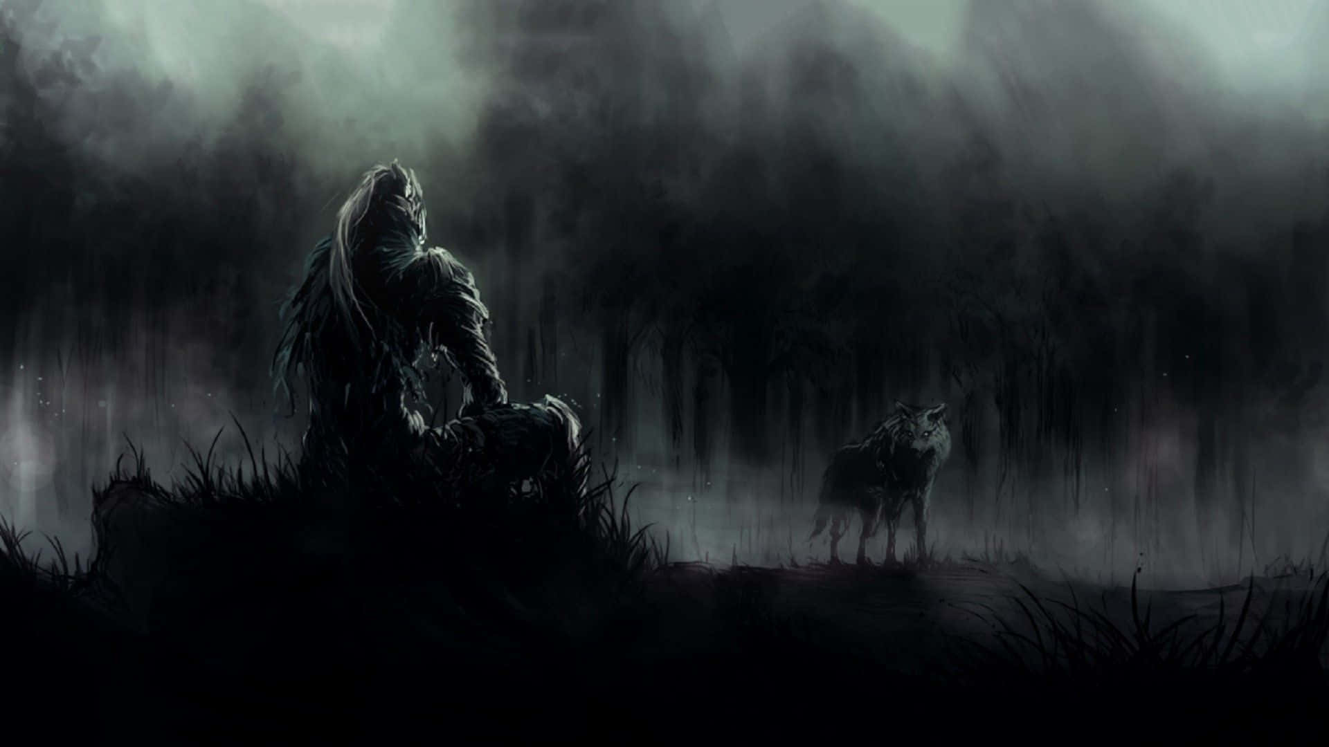 Artorias The Abysswalker 桌布 壁紙 — 一個孤獨的裝甲戰士坐在一隻嚎叫的狼旁邊，身處陰沉天空下迷霧籠罩的黑暗森林中。