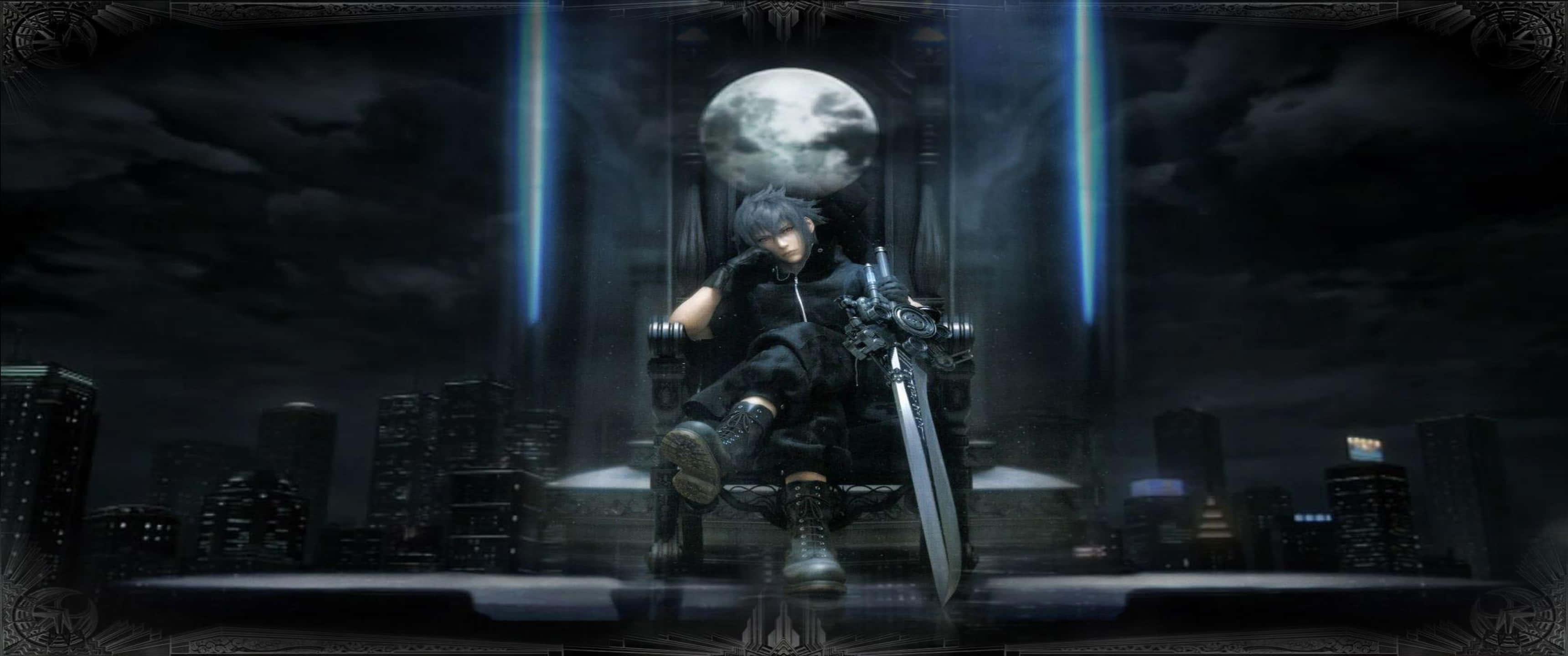 3440x1440p Final Fantasy Xv 桌布 壁紙 — 一個孤獨的裝甲戰士坐在滿月下的王座上，身後有發光的藍色光束穿透黑暗的城市天際線。