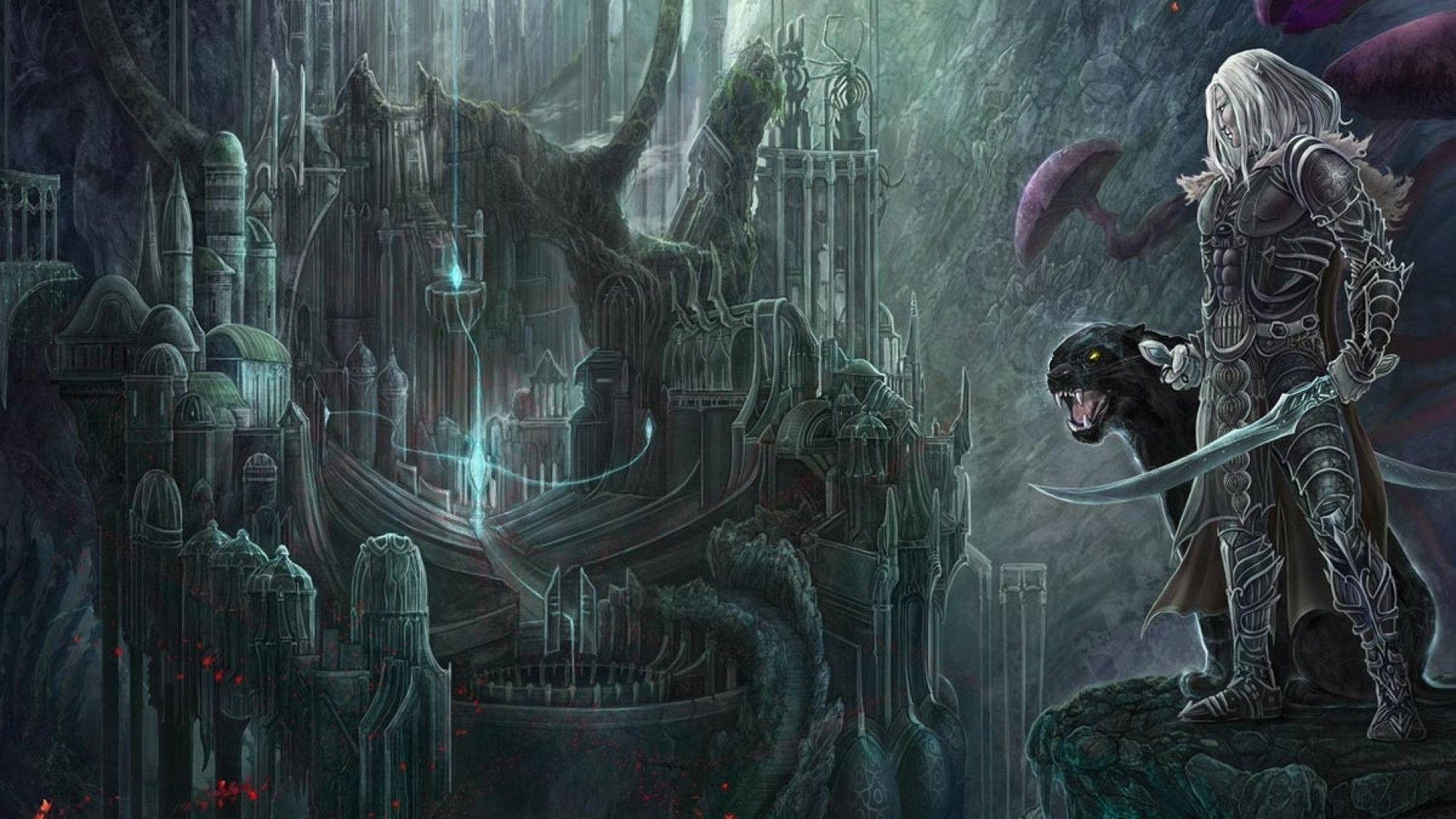 Dnd 桌布 壁紙 — 一個孤獨的裝甲戰士帶著一隻黑豹，站在風暴天空下一個 crumbling 的哥德式城堡前。