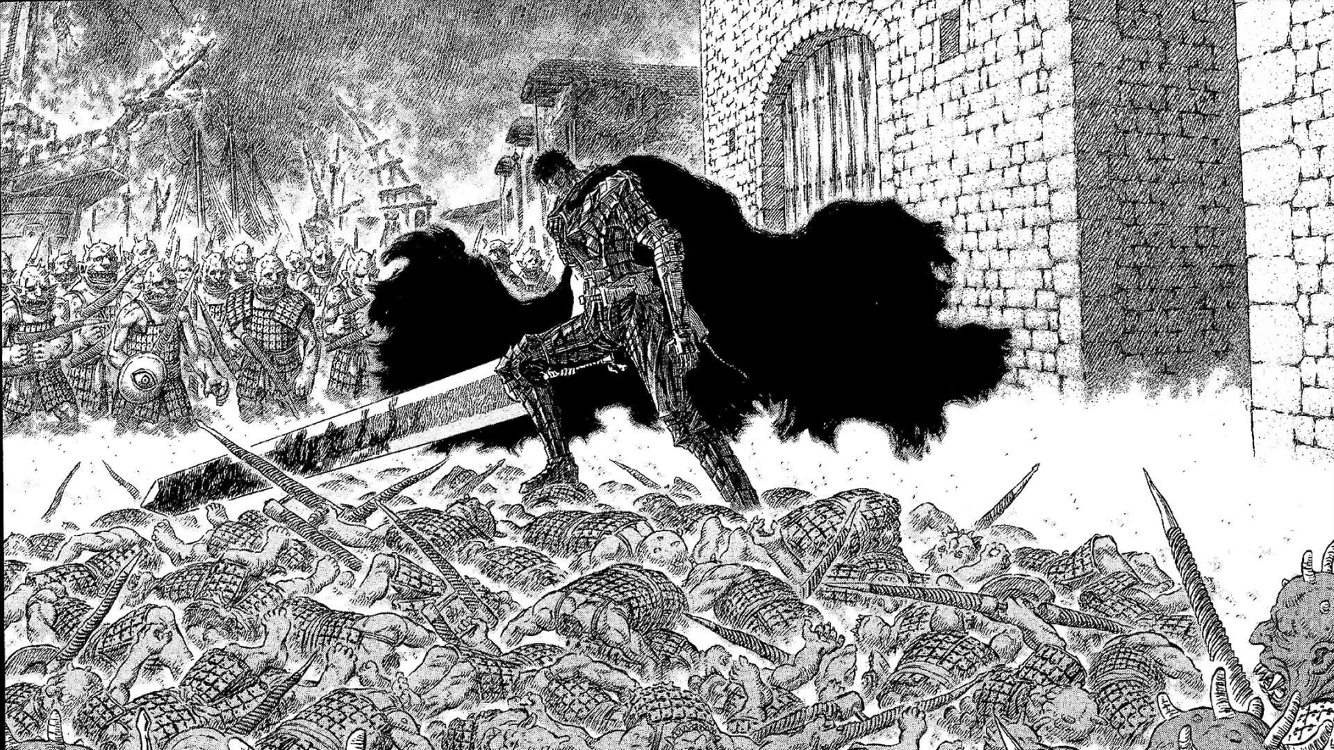 Berserk Manga 桌布 壁紙 — 一個孤獨的裝甲戰士披著黑色斗篷，站在石堡前混亂戰場上倒下的士兵之上。