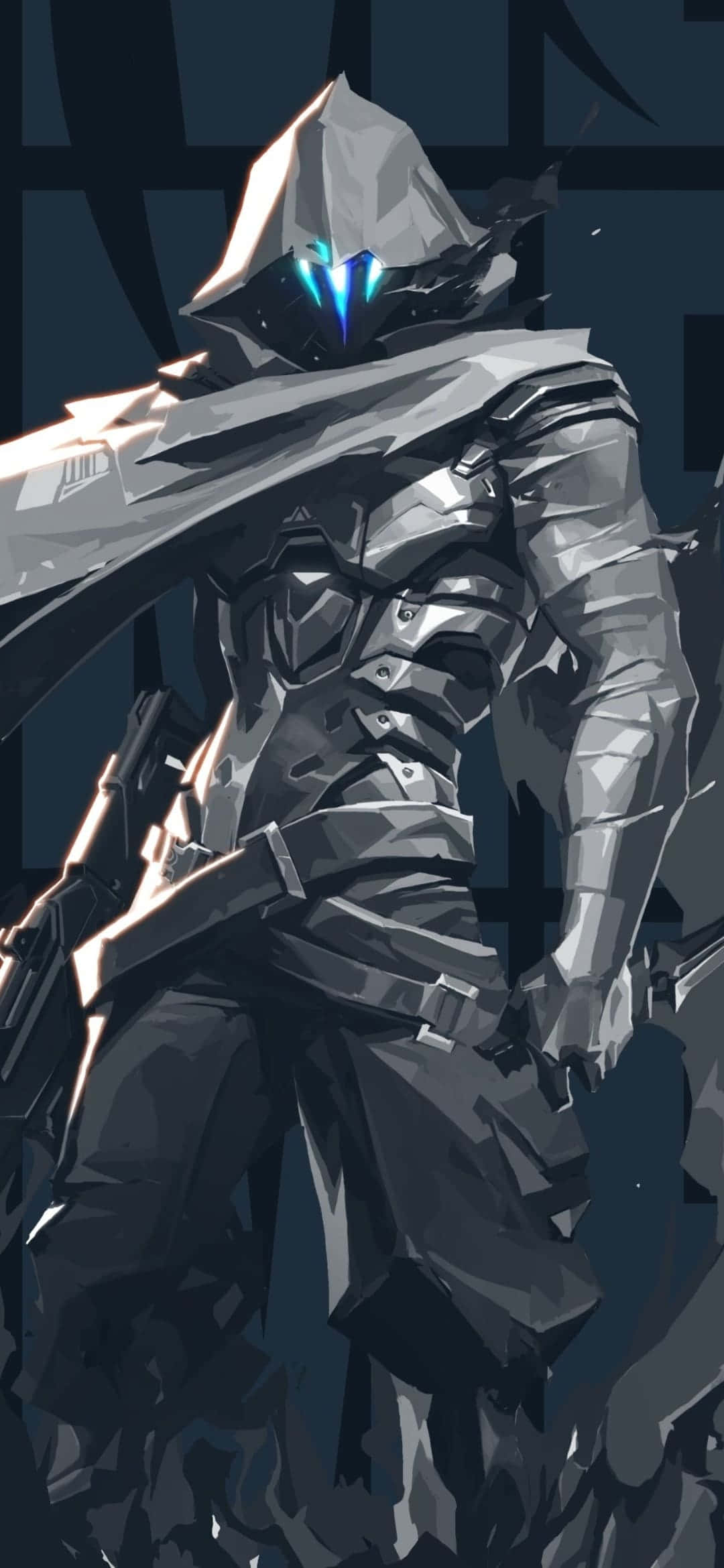character design 桌布 壁紙 — 一個孤獨的裝甲戰士穿著連帽斗篷，在黑暗的幾何背景前，雙眼發出藍光，蓄勢待發。