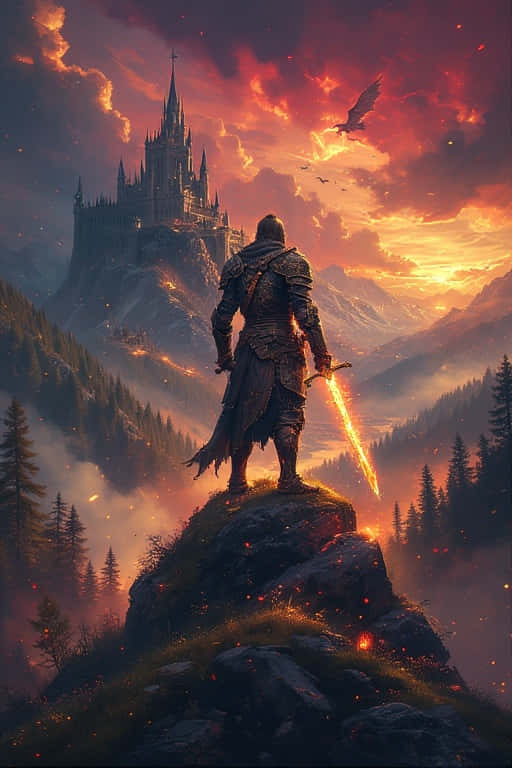 Epic Fantasy RPG Warrior Wallpaper 4K 壁紙 — 一個孤獨的裝甲戰士站在岩石山峰上，手持發光劍，凝視著遠處在熾熱日落天空下的哥德式城堡。