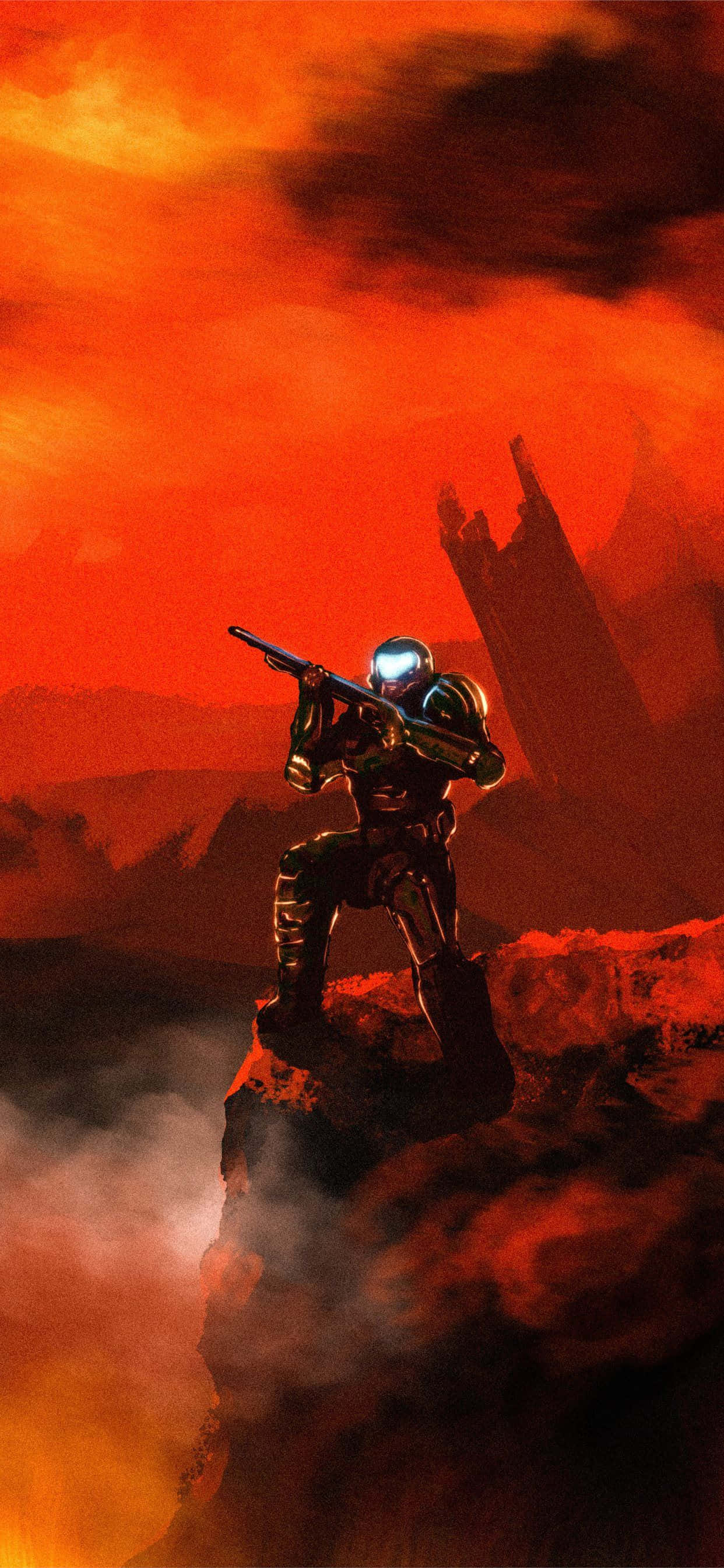 Doom iPhone 桌布 壁紙 — 一個孤獨的裝甲戰士站在岩石露頭上，手持步槍，背景是火紅橙黑相間的天空，遠處有城堡的剪影。