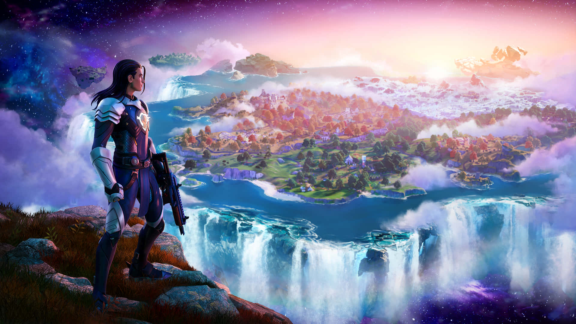 Fortnite 桌布 壁紙 — 一個孤獨的裝甲戰士站在懸崖上，俯瞰著一個有瀑布傾瀉而下的浮島天堂和發光的天空。