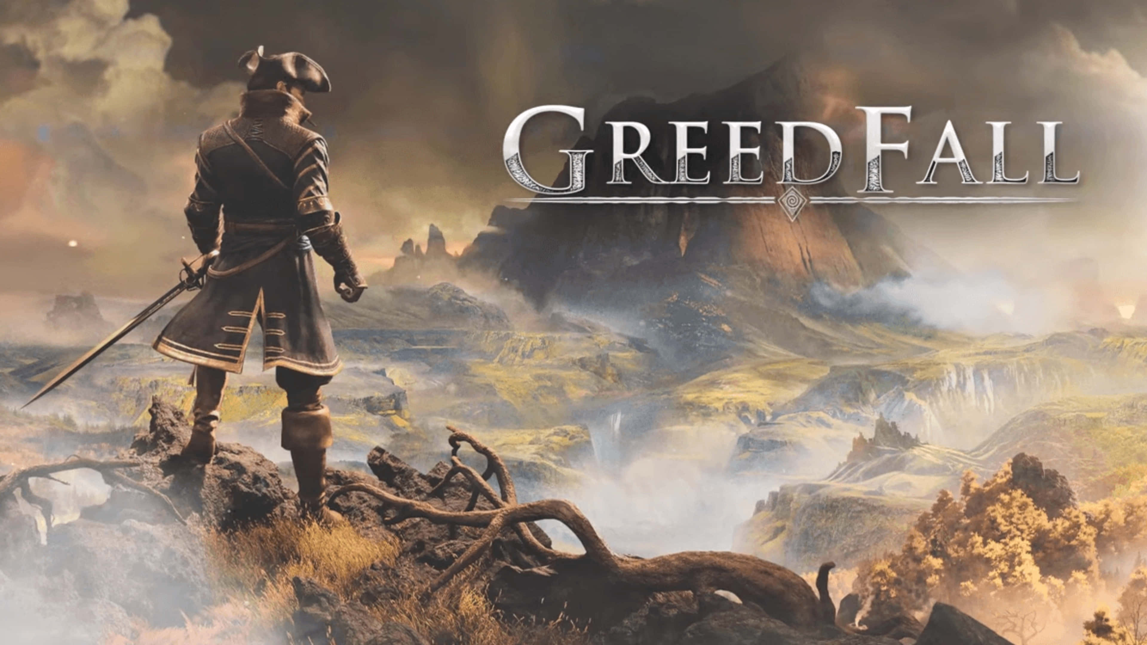 Greedfall 桌布 壁紙 — 一個孤獨的裝甲戰士站在懸崖邊緣，俯瞰著戲劇性天空下霧氣瀰漫的山地景觀。