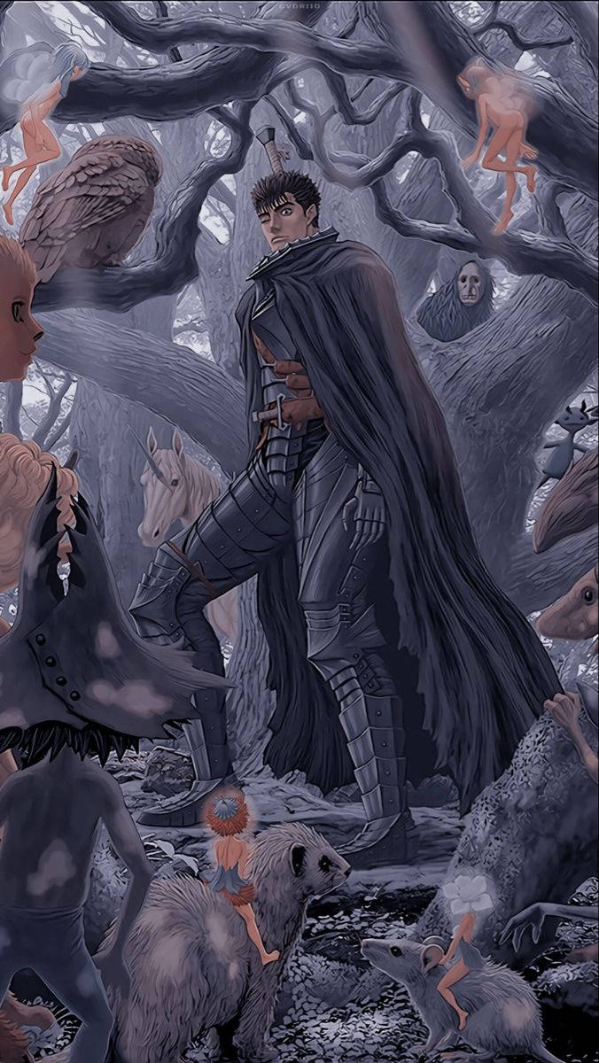 Berserk Guts 桌布 壁紙 — 一個孤獨的裝甲戰士站在扭曲的森林中，幽靈般的身影和小生物環繞著他，構成一個令人不安的場景。