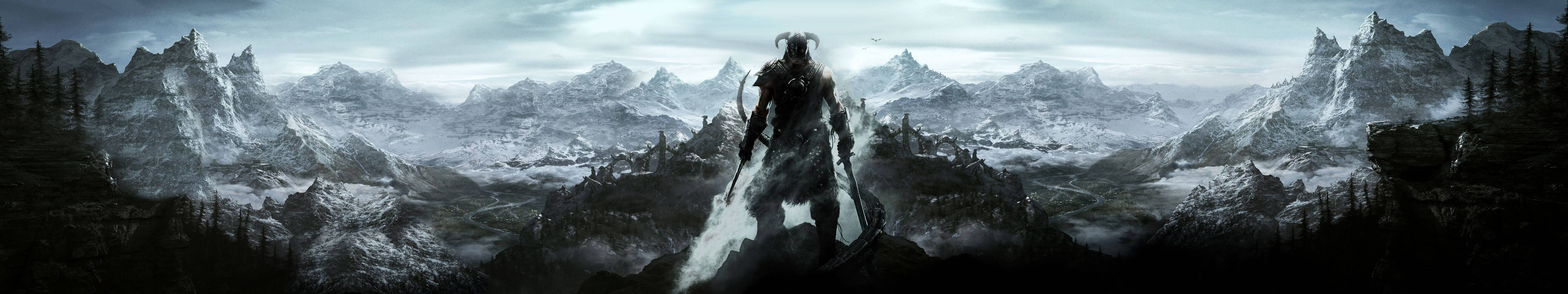Skyrim 桌布 壁紙 — 一個孤獨的裝甲戰士站在白雪皚皚的山頂上，俯瞰著廣闊的霧氣瀰漫的阿爾卑斯山谷和鋸齒狀的山峰。