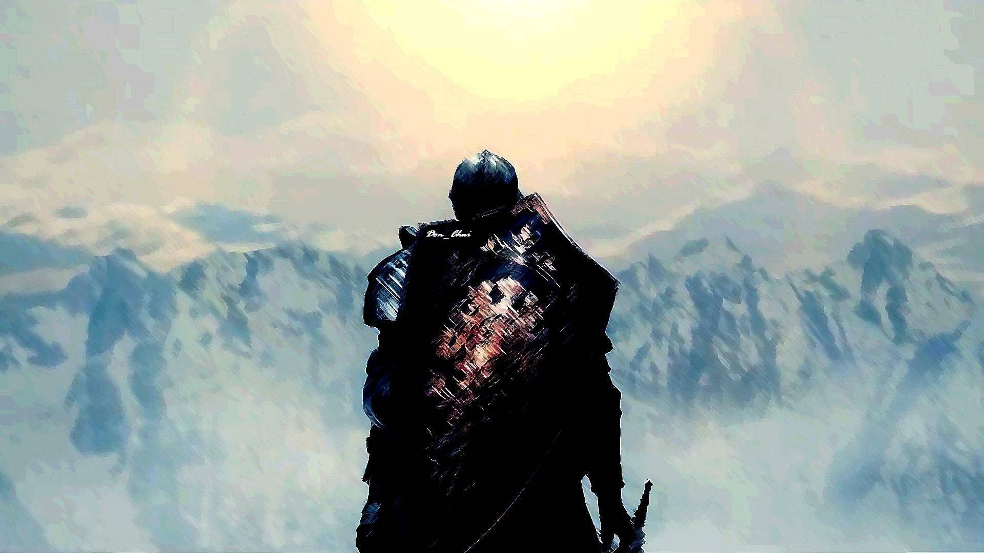 dark souls 4K 桌布 壁紙 — 一個孤獨的裝甲戰士站在白雪覆蓋的山脈上，凝視著發光的日出。