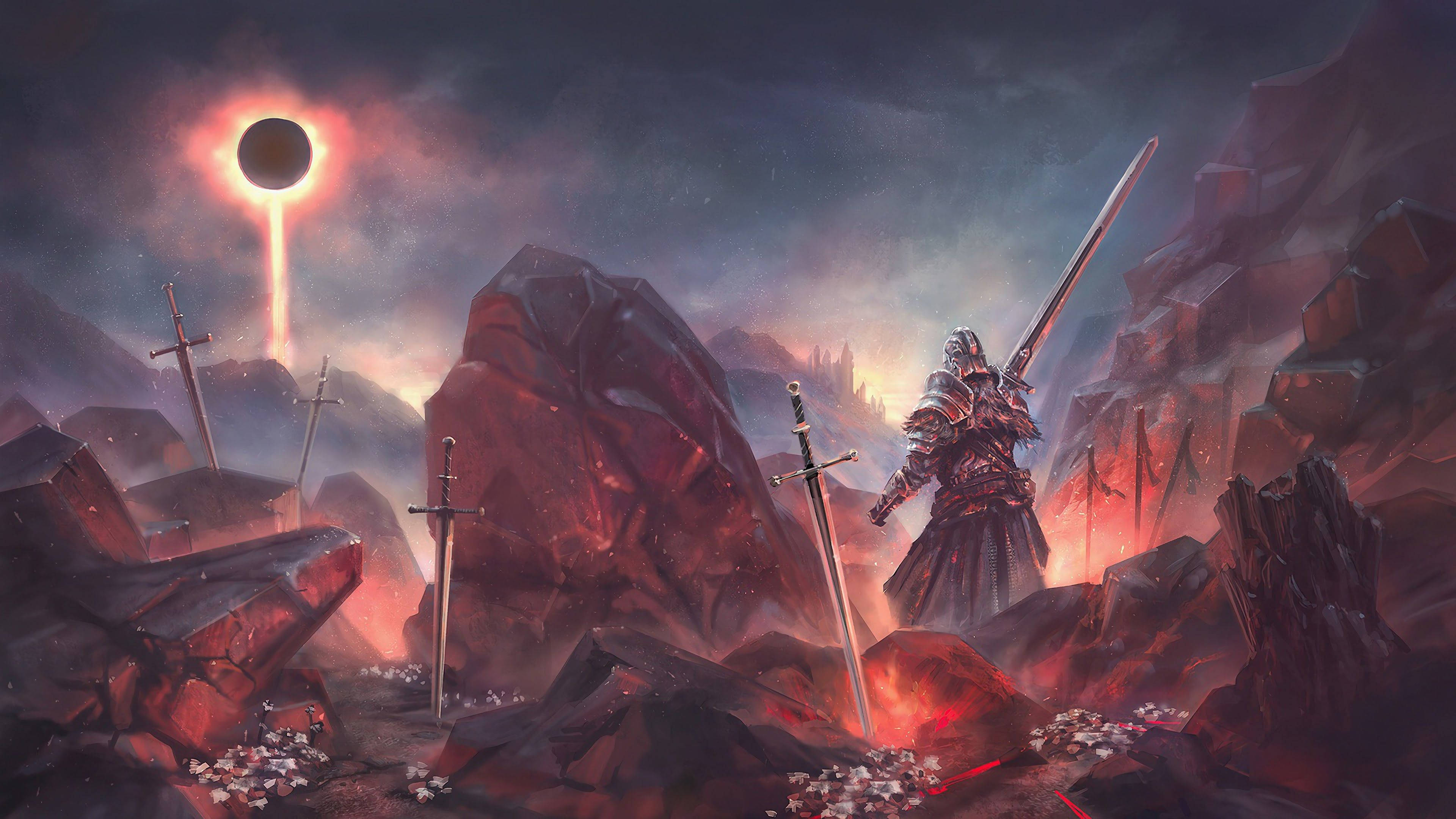 dark souls 4K 桌布 壁紙 — 一個孤獨的裝甲戰士站在破碎的劍和鋸齒狀的紅色岩石之間，戲劇性的日食投射出熾熱的光芒。