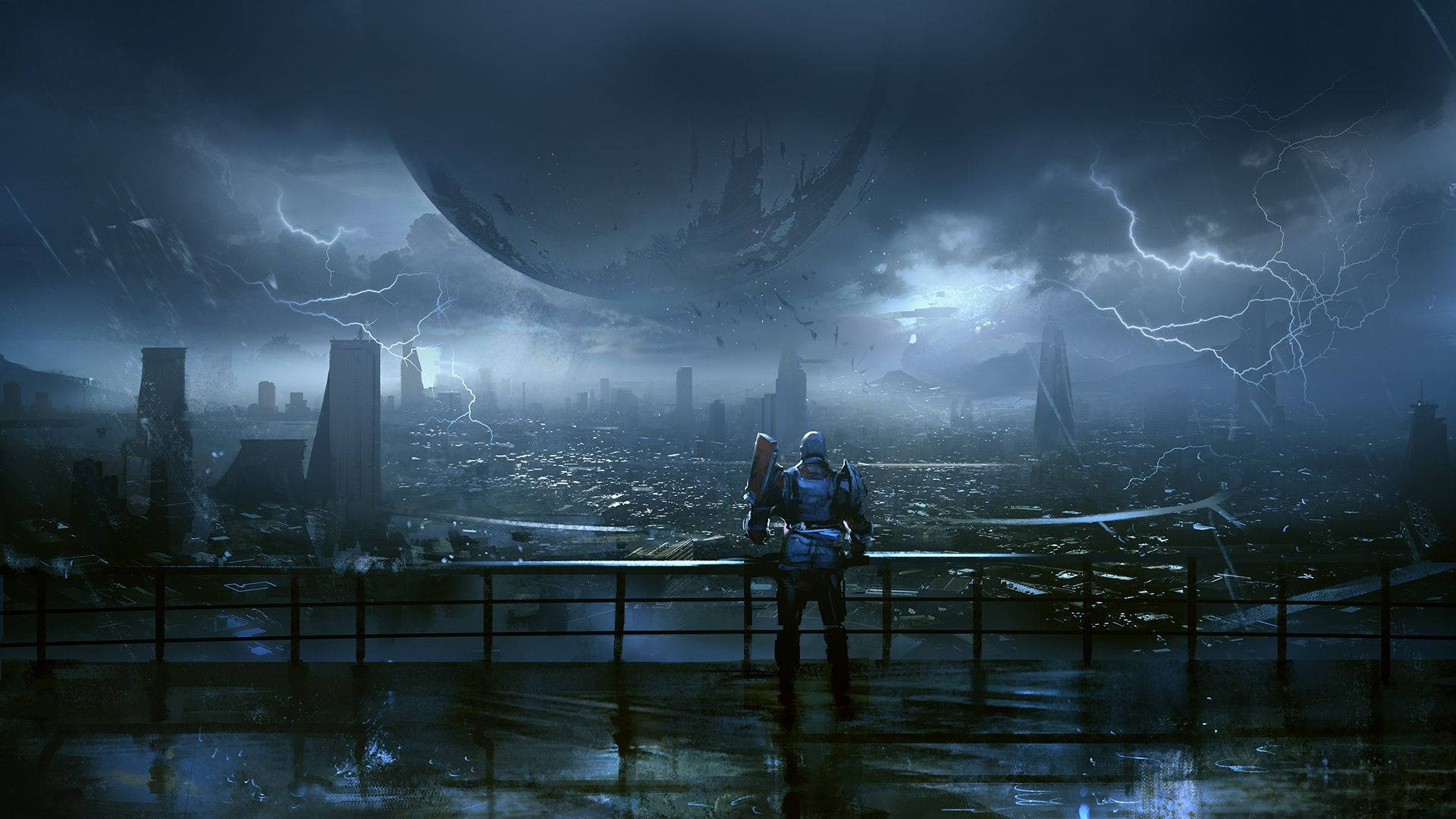 destiny 4K 桌布 壁紙 — 一個孤獨的裝甲戰士站在被雨淋濕的屋頂上，俯瞰著一座廢墟城市，天空風雨交加，閃電劃過，一艘巨大的外星飛船懸掛在頭頂。