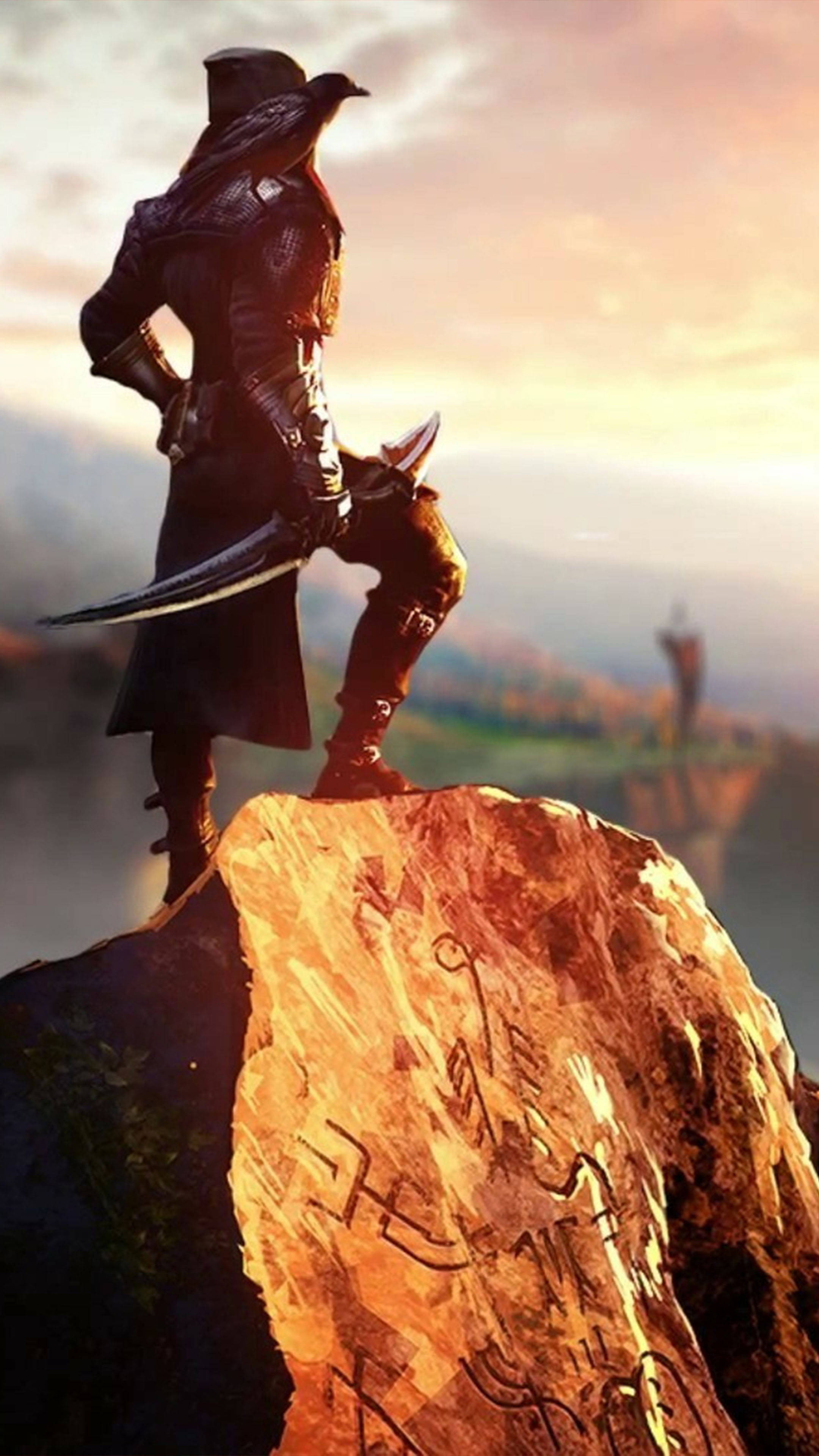 Dragon Age Phone 桌布 壁紙 — 一個孤獨的裝甲戰士站在陽光照耀的懸崖頂上，俯瞰著金色時刻的霧氣山谷。