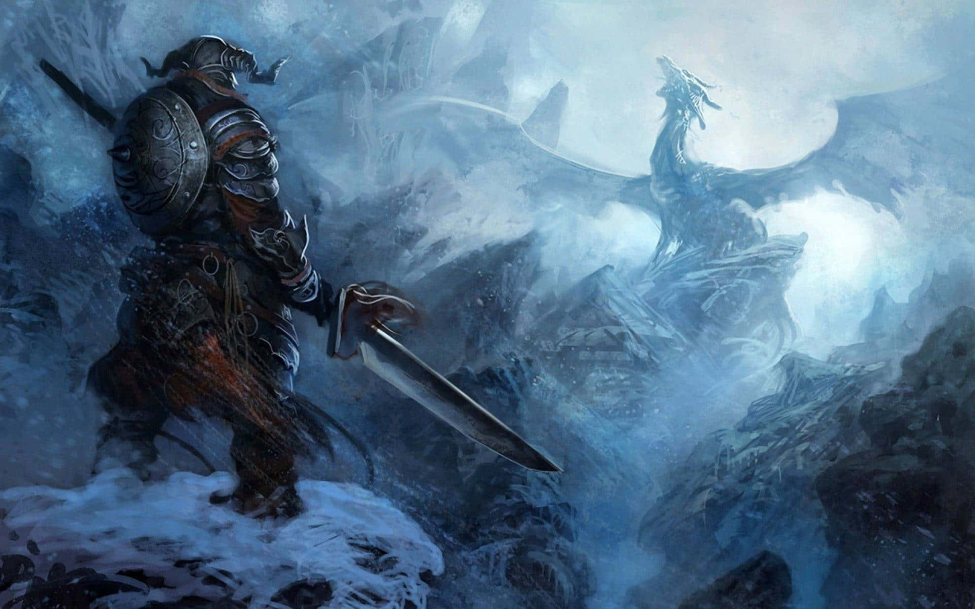 上古卷軸V：無界天際 桌布 壁紙 — 一個孤獨的裝甲戰士站在雪崖上，在風暴山景中面對一條巨龍。