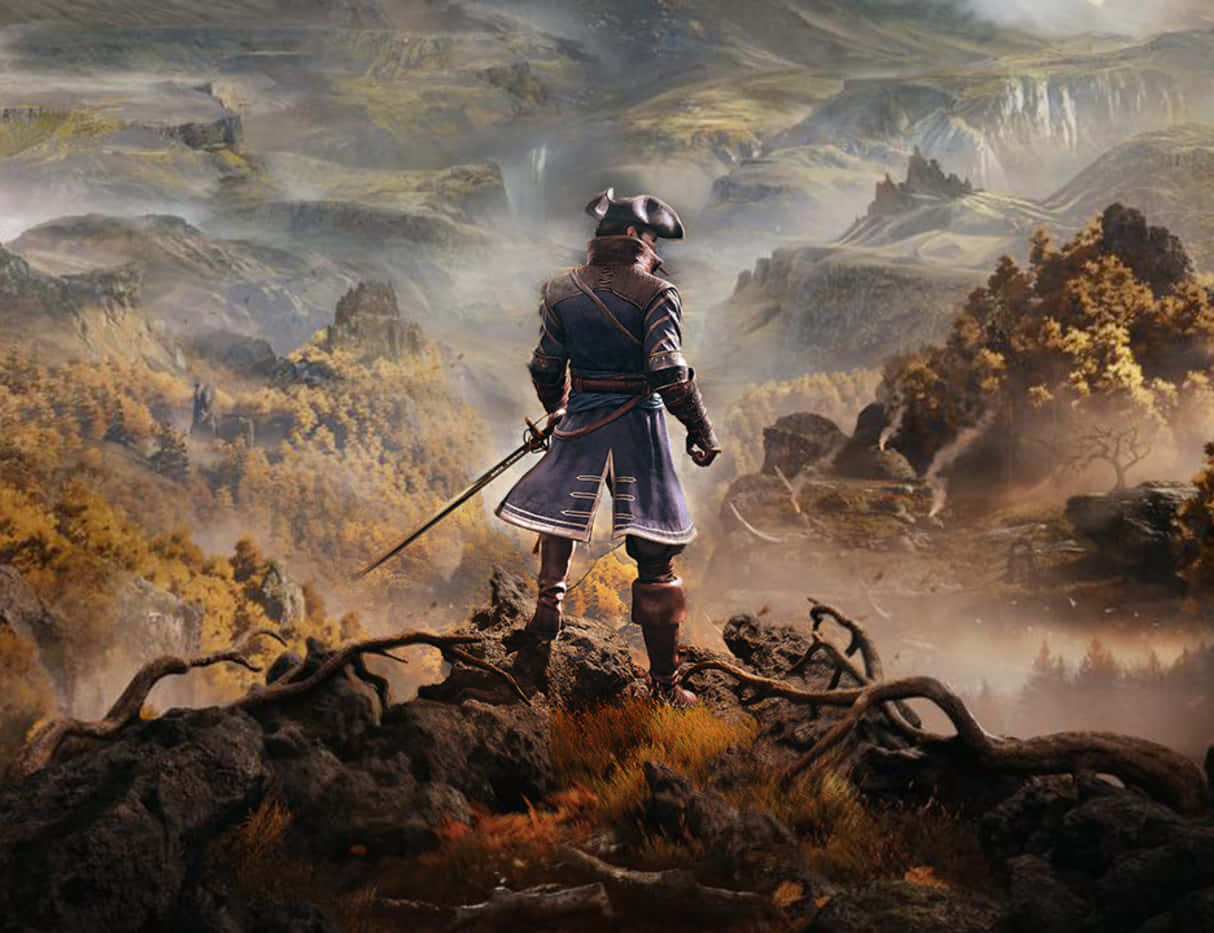 Greedfall 桌布 壁紙 — 一個孤獨的裝甲戰士站在霧氣瀰漫的懸崖頂上，俯瞰著廣闊的秋日山谷，山谷中有崎嶇的山脈和蜿蜒的小徑。