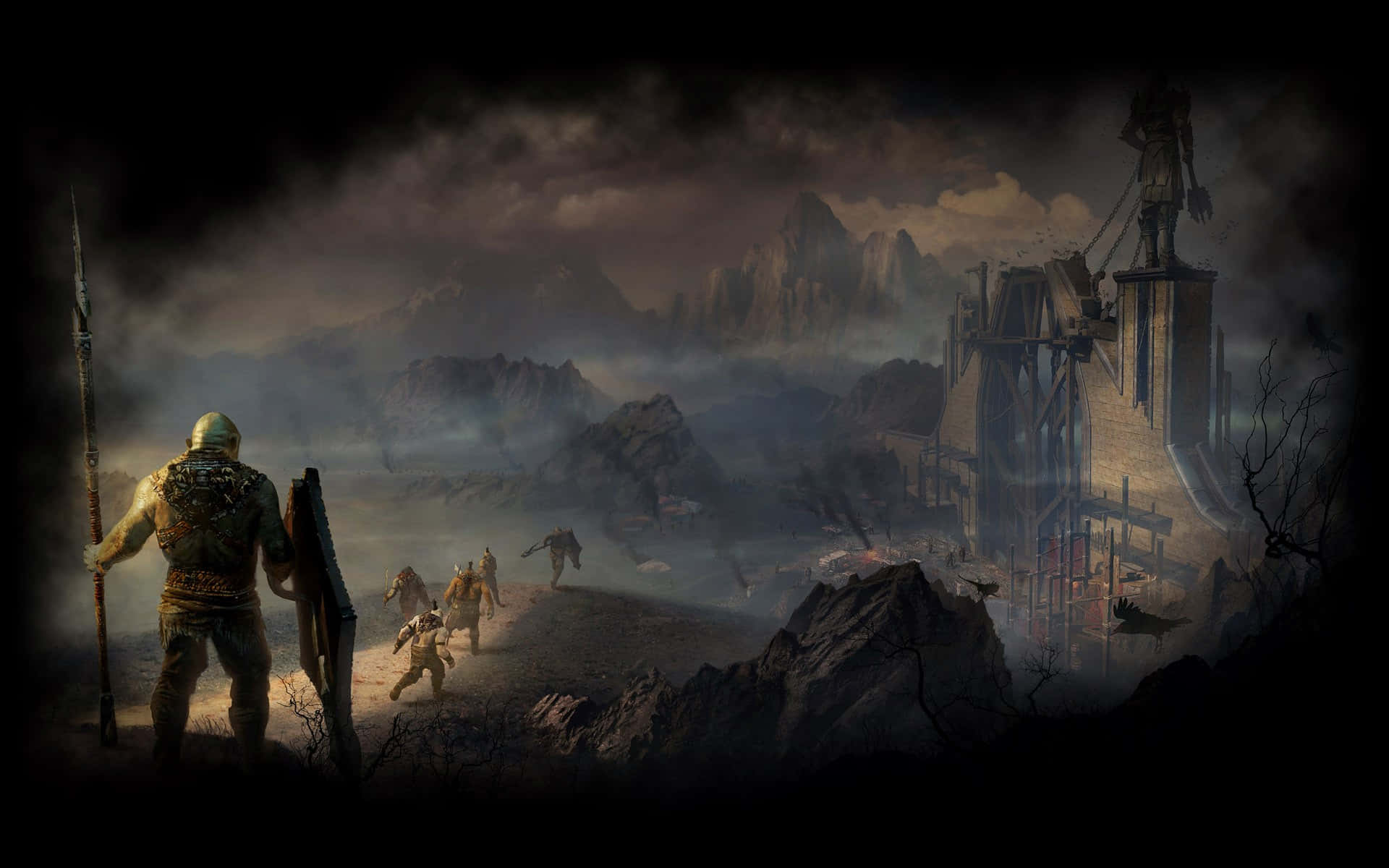 Shadow Of Mordor 桌布 壁紙 — 一個孤獨的裝甲戰士站在霧氣瀰漫的懸崖上，俯瞰著荒涼的戰場，遠處有山脈和一座搖搖欲墜的堡壘，天空風暴密佈。