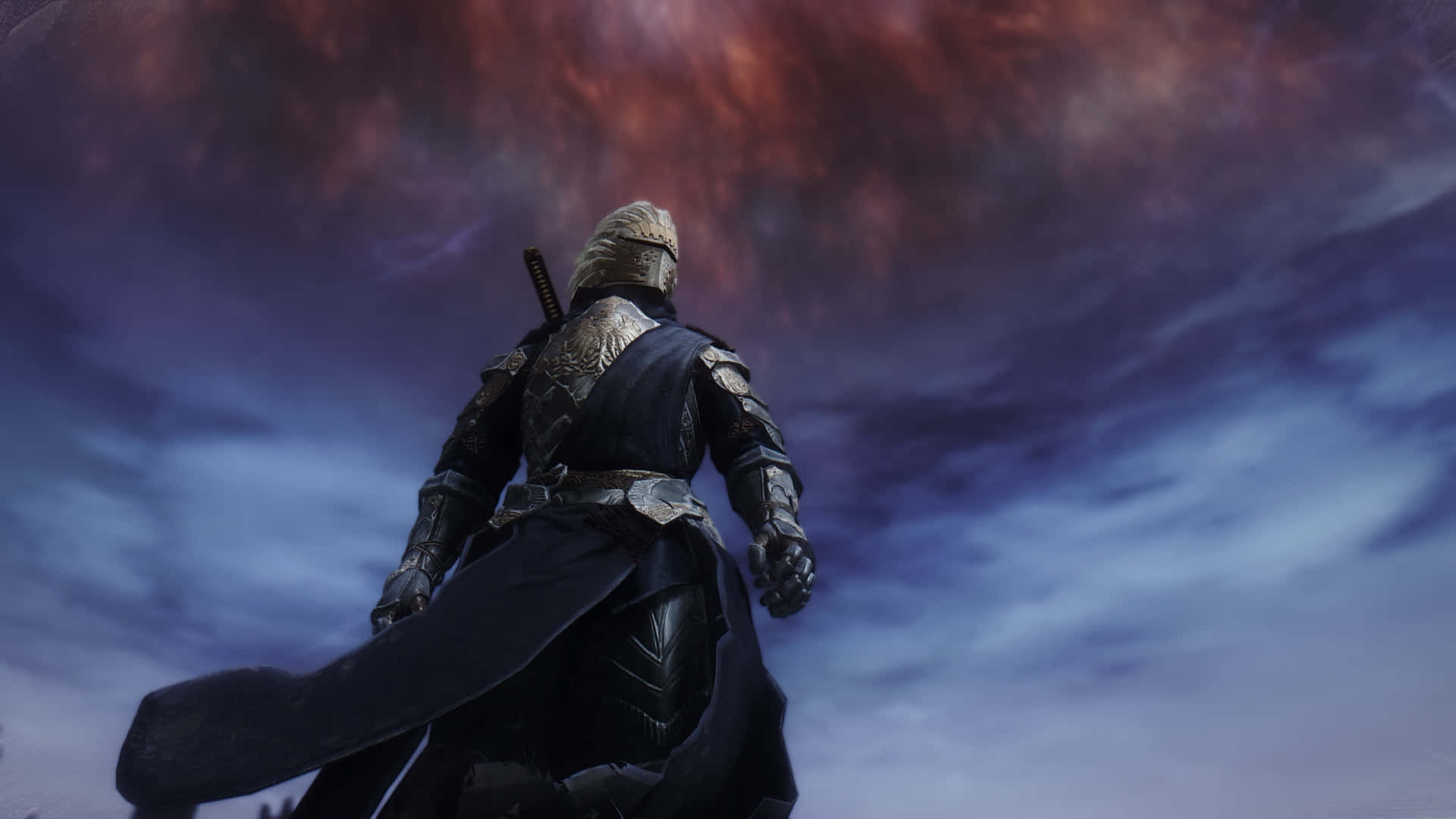 dovahkiin 桌布 壁紙 — 一個孤獨的裝甲戰士背光站立在戲劇性的紅色和紫色暴風雨天空前。