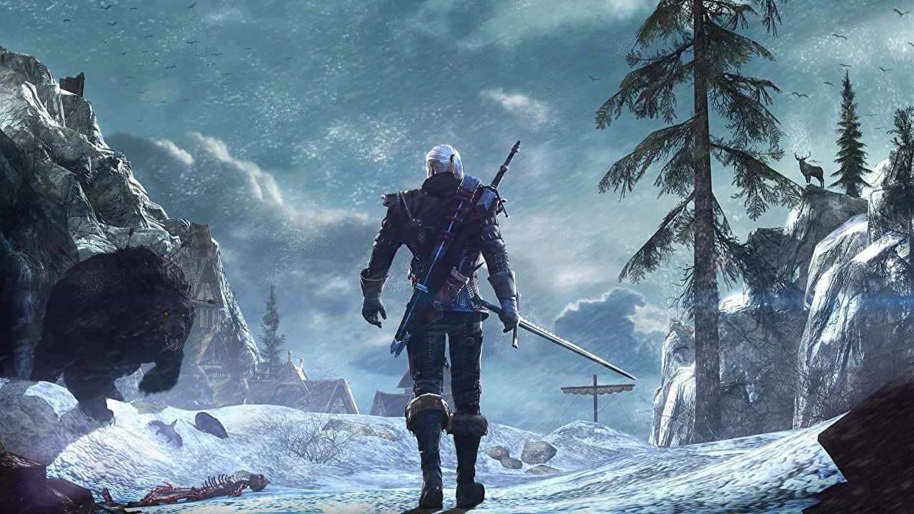電玩遊戲 桌布 壁紙 — 一個孤獨的裝甲戰士走過雪地森林，一隻黑熊從左邊靠近。